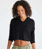 Cropped Cable-Knit Hooded Sweater