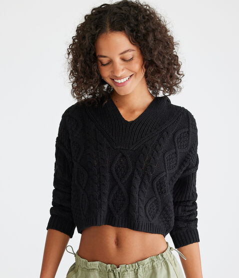Cropped Cable-Knit Hooded Sweater