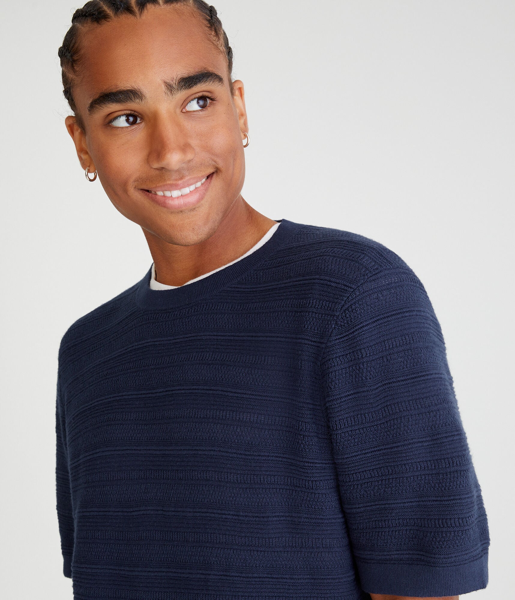 【AAKE】FRILL STRIPE PT Horizontal Textured Stripe Sweater Tee