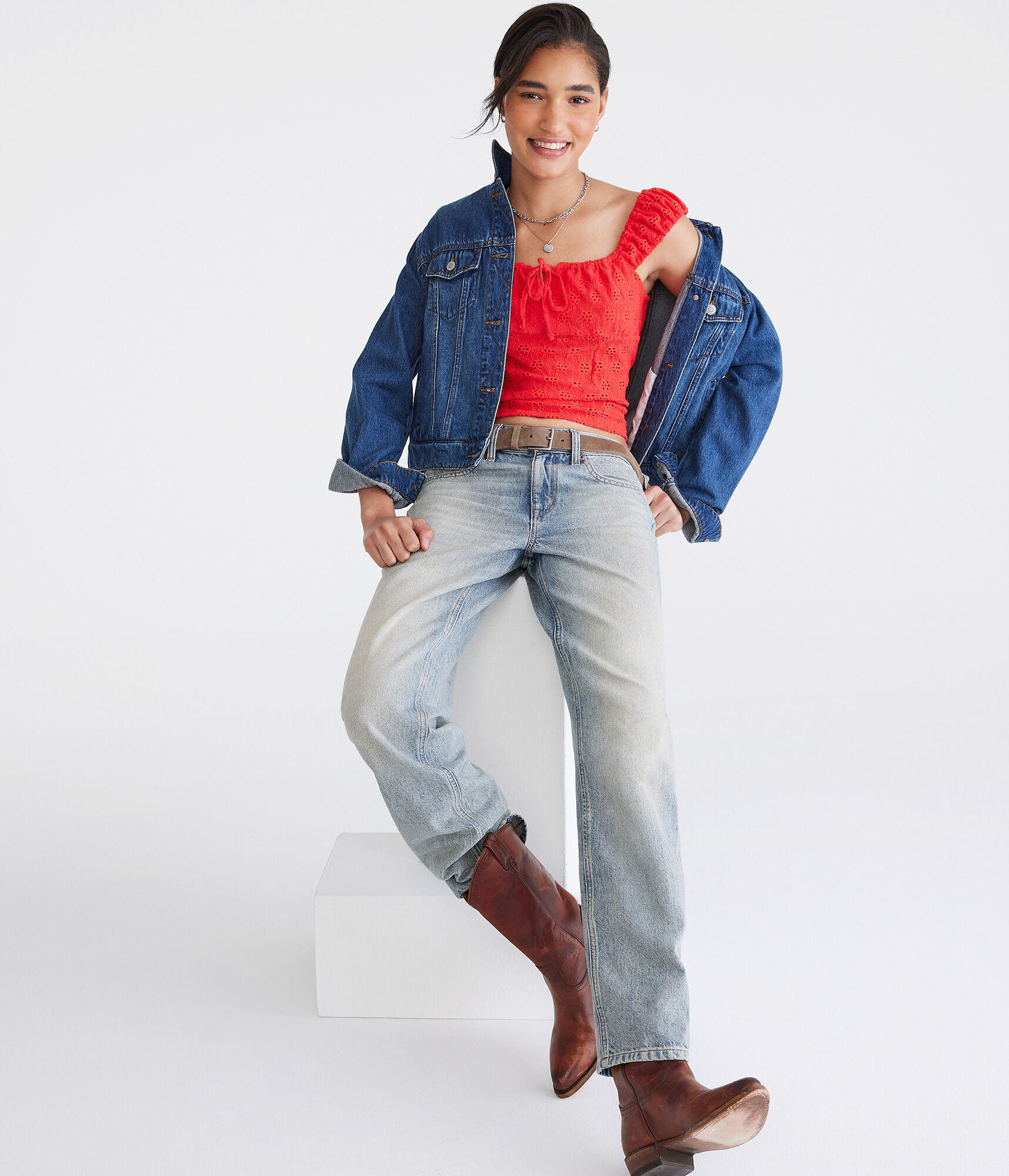 Eyelet Square-Neck Crop Top
