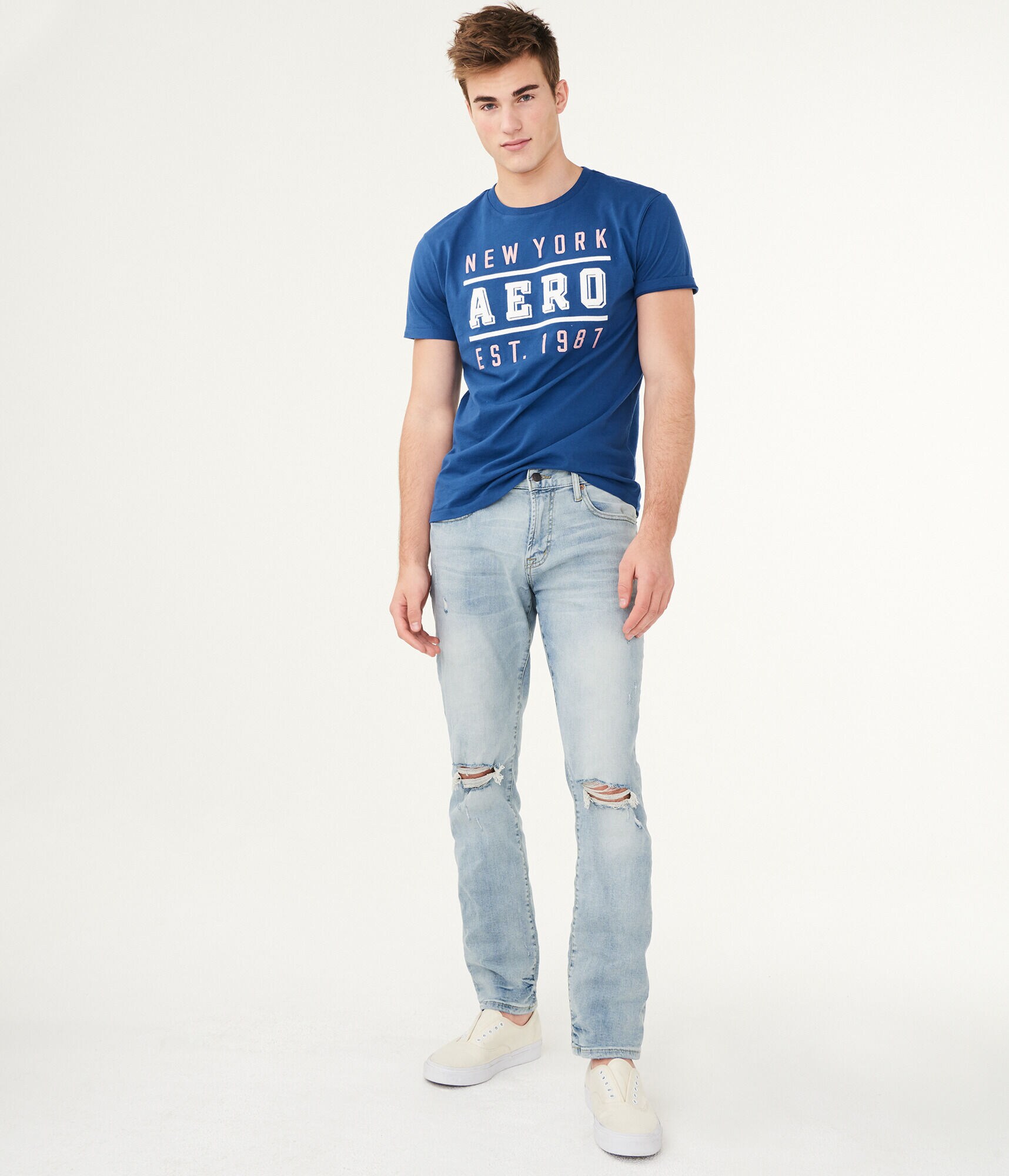 Slim Straight Bleach Wash Destroyed Stretch Jean