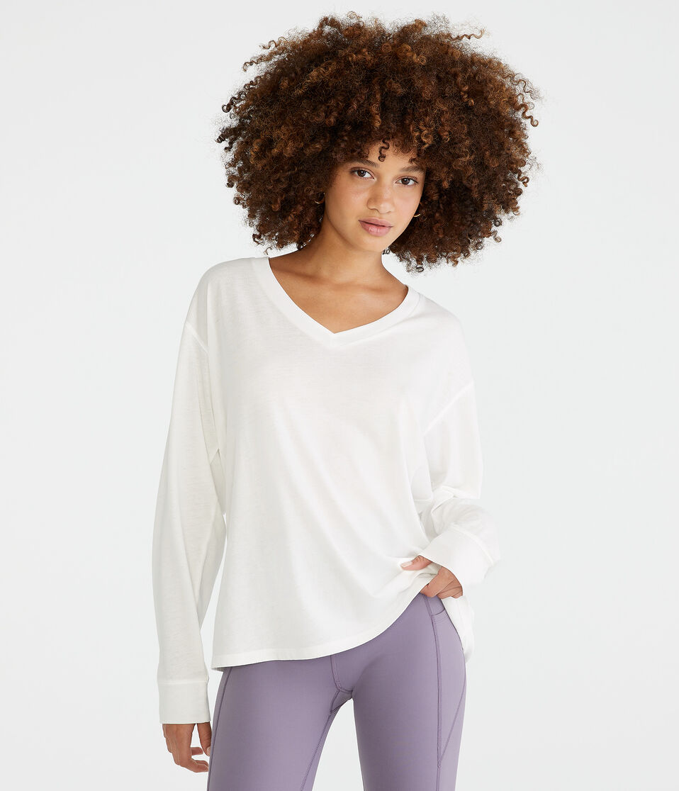 Long Sleeve Washed Loose Fit V-Neck Tee