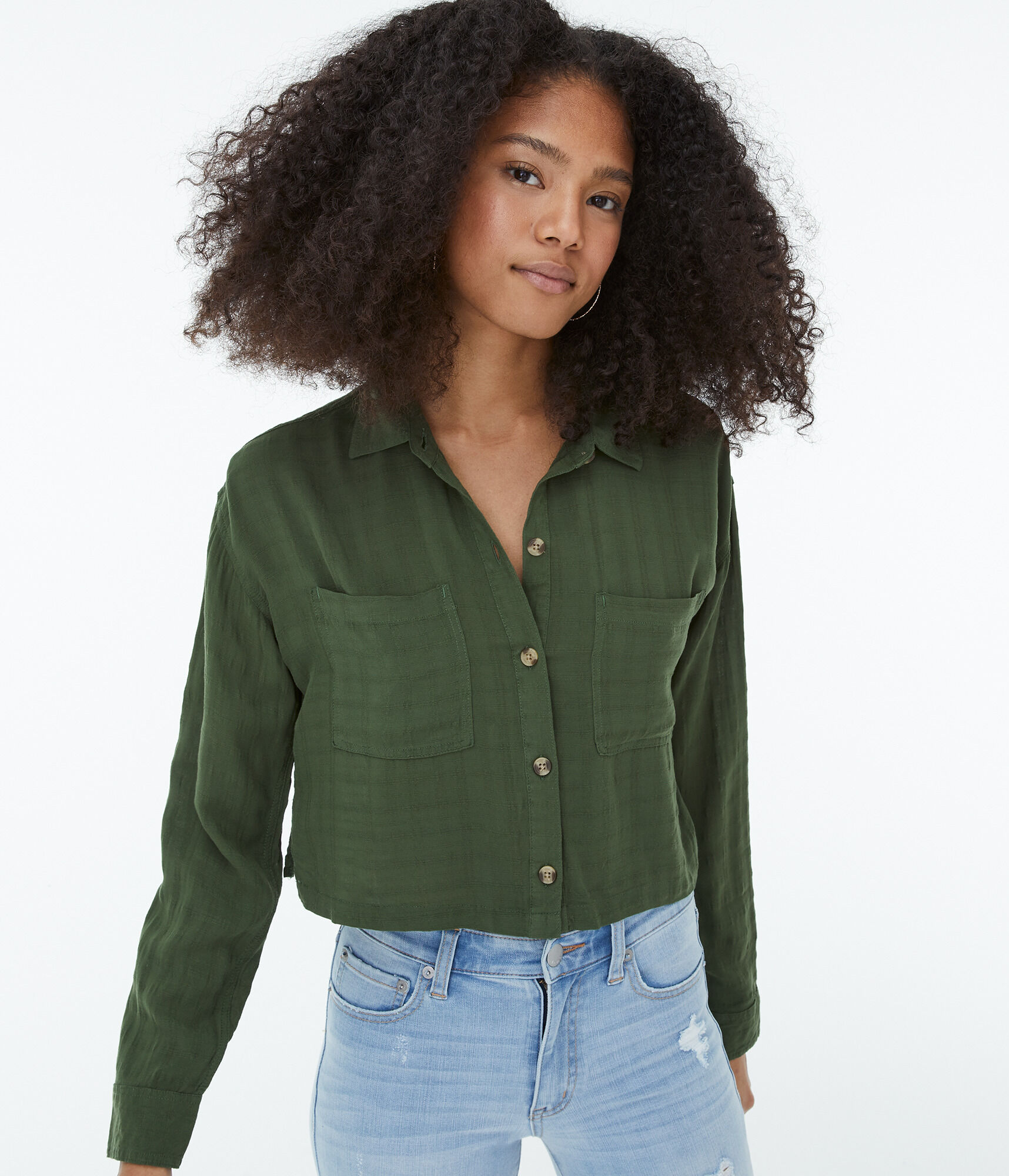 Long Sleeve Textured Button-Down Top
