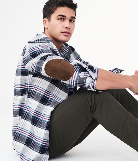 Long Sleeve Plaid Elbow Patch Woven Shirt