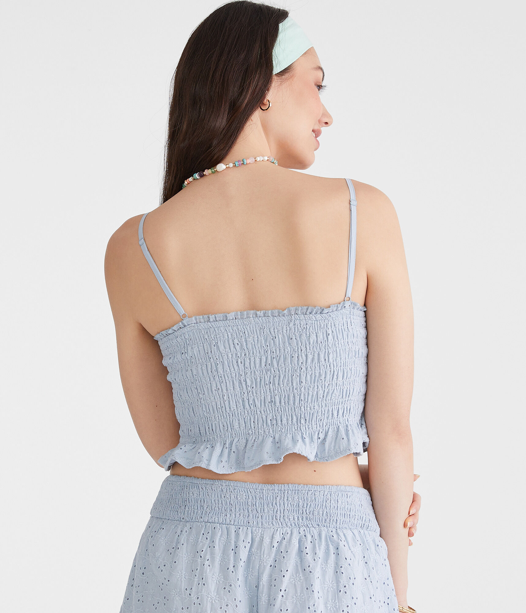 Eyelet Smocked V-Neck Crop Top
