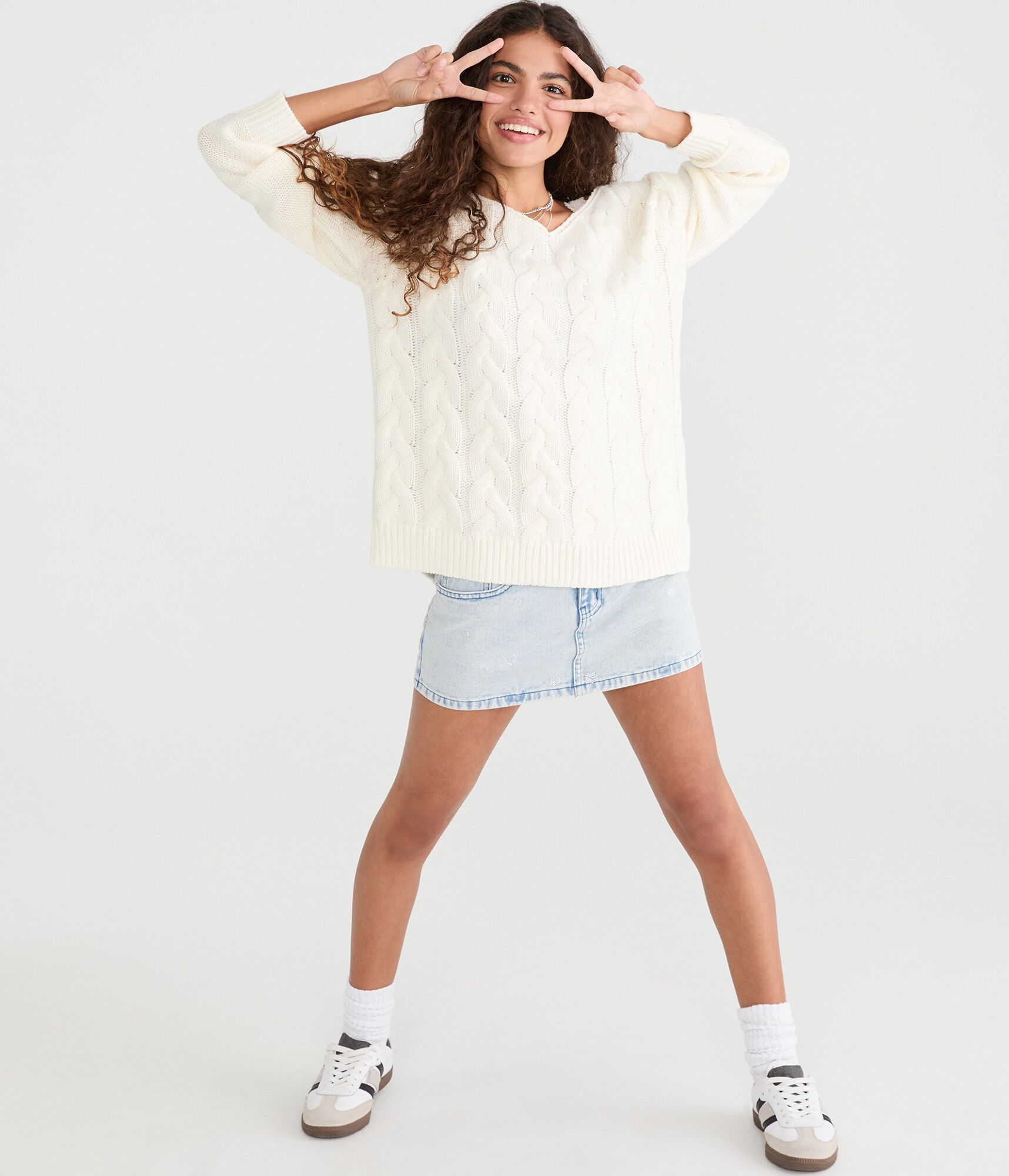 Slouchy Cable Knit V-Neck Sweater