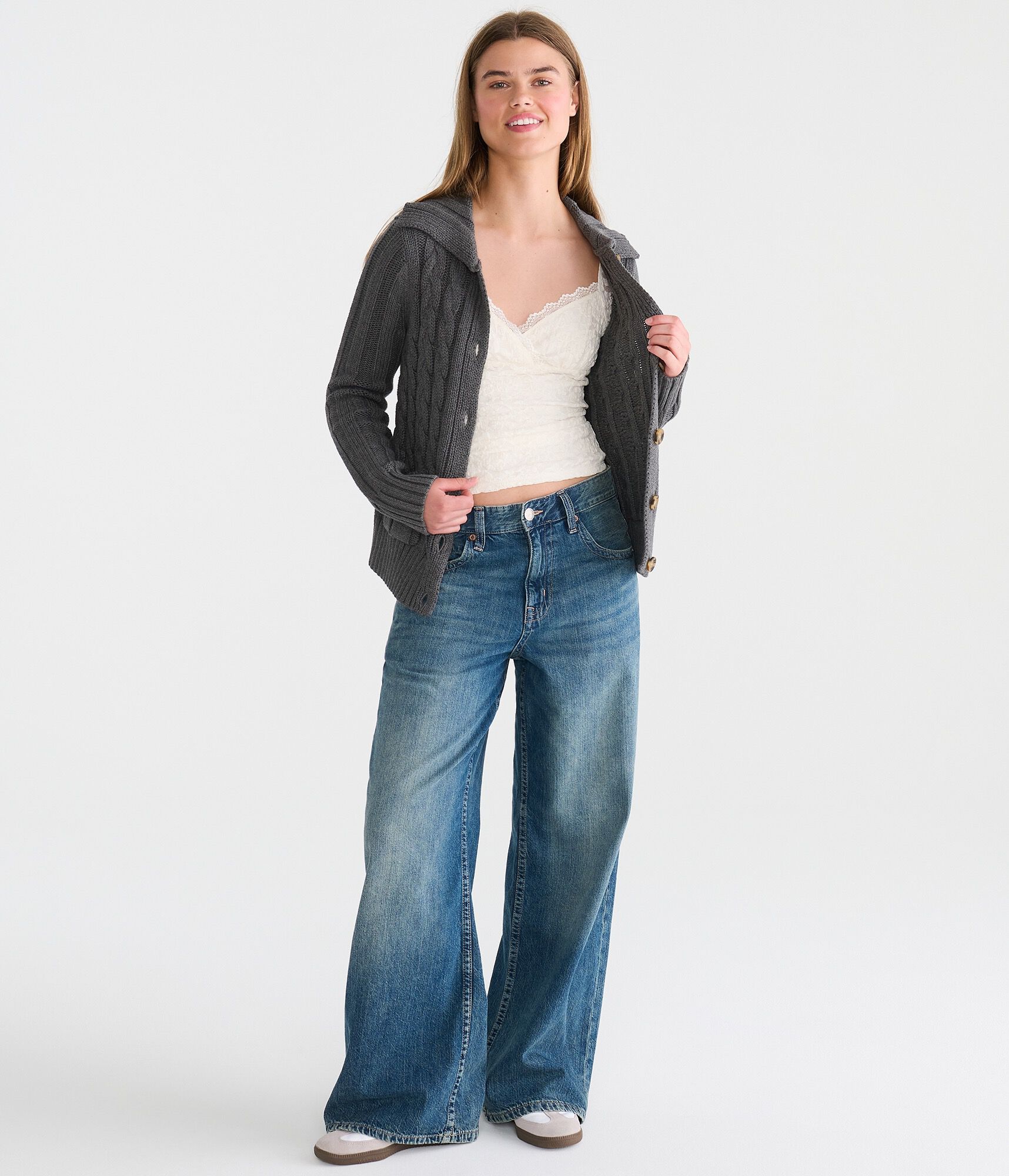 Cable Collar Button-Front Cardigan