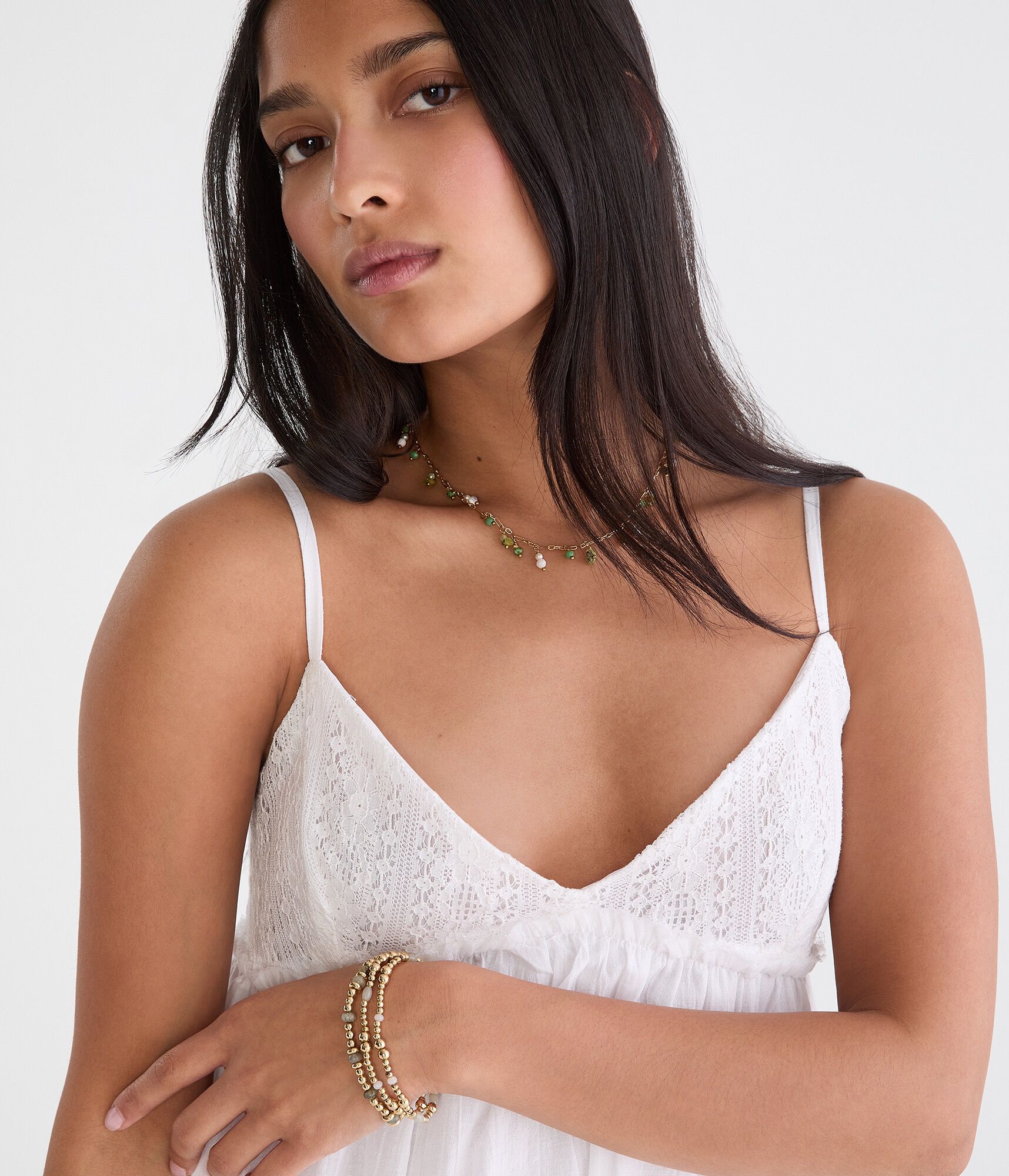 Solid V-Neck Crocheted Babydoll Mini Dress