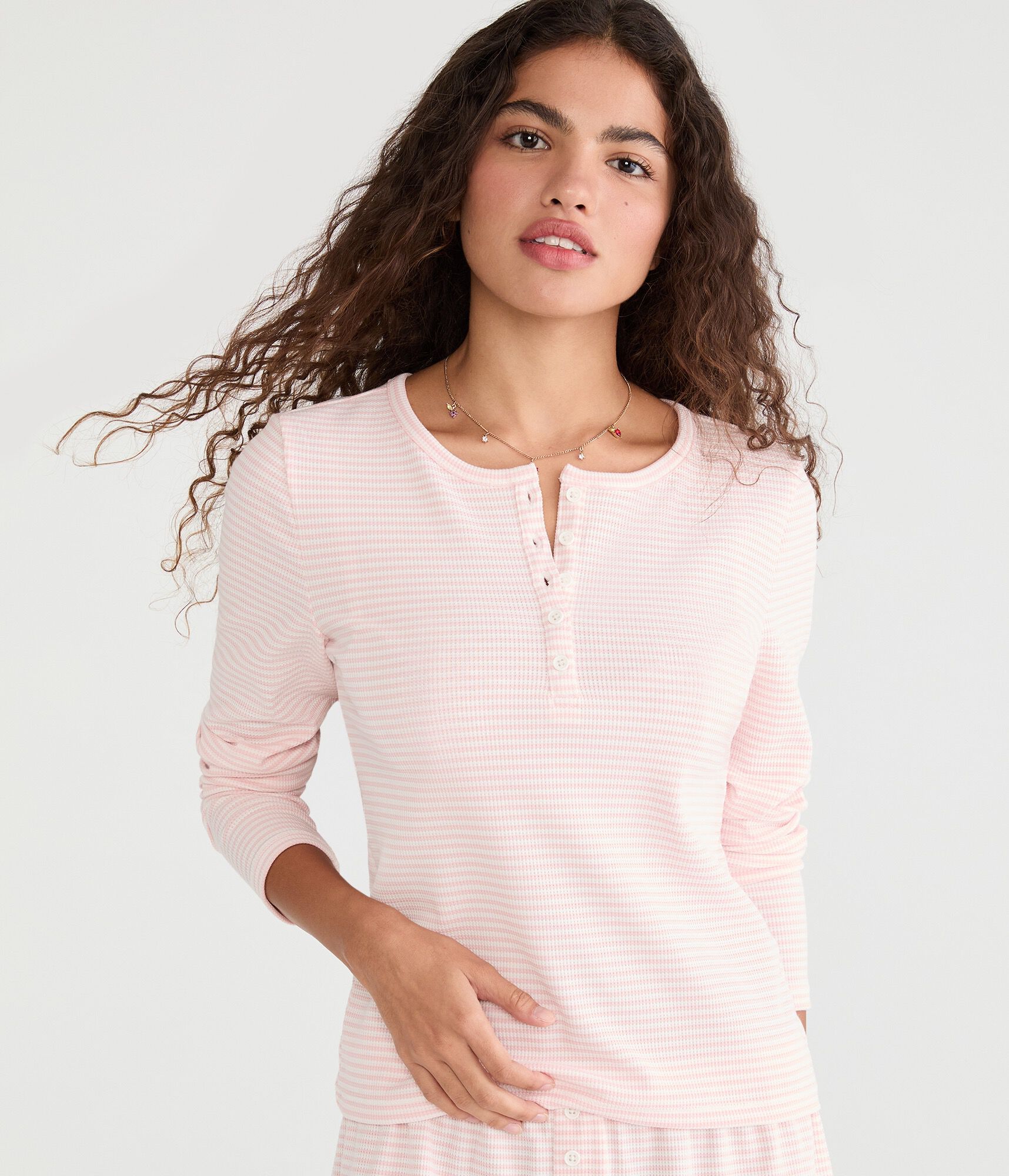 Long Sleeve Striped Waffle Henley Sleep Tee