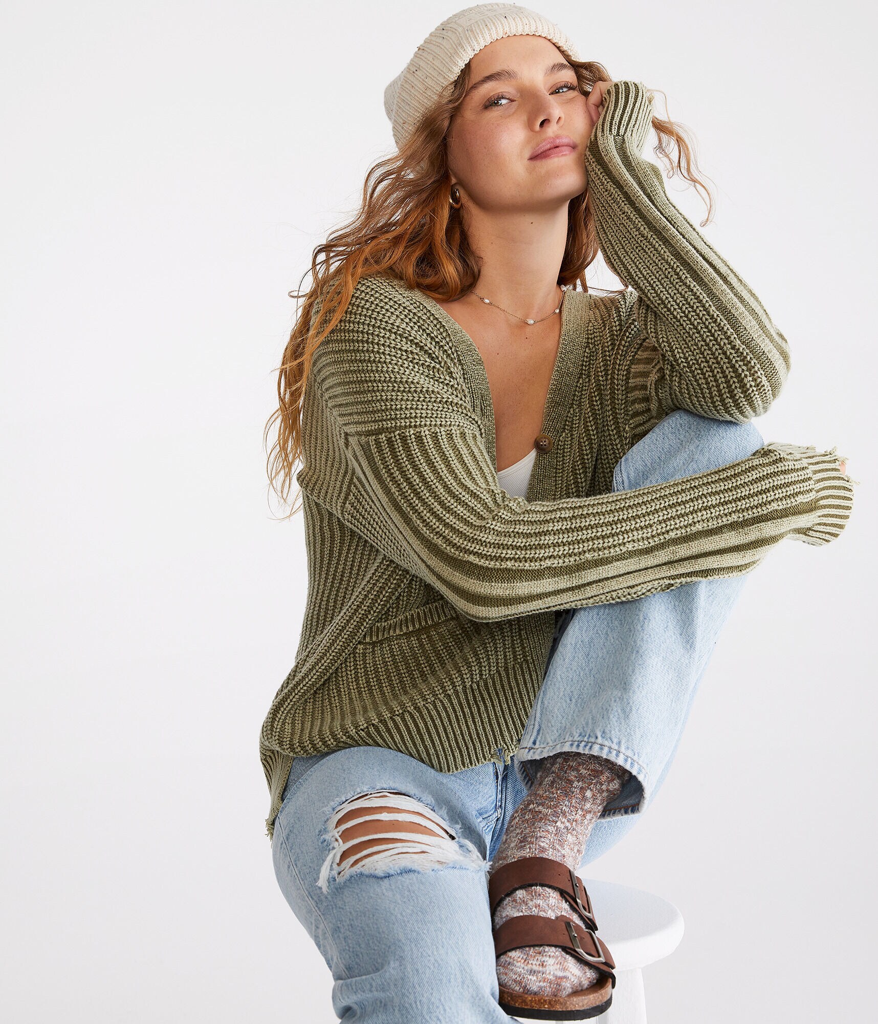 Distressed Rib-Knit Cardigan