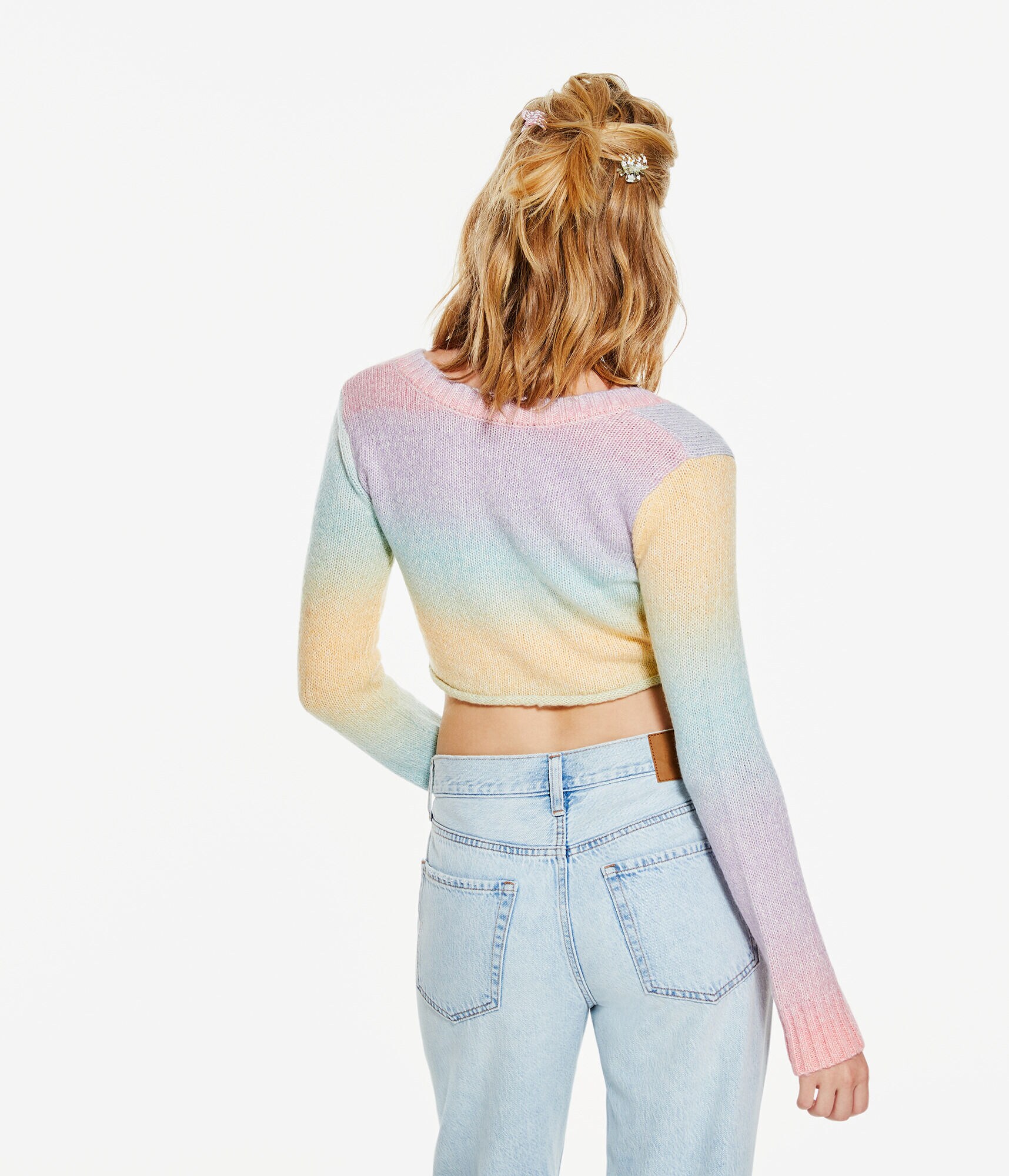 Ombr&eacute; Twist-Front Cropped V-Neck Sweater