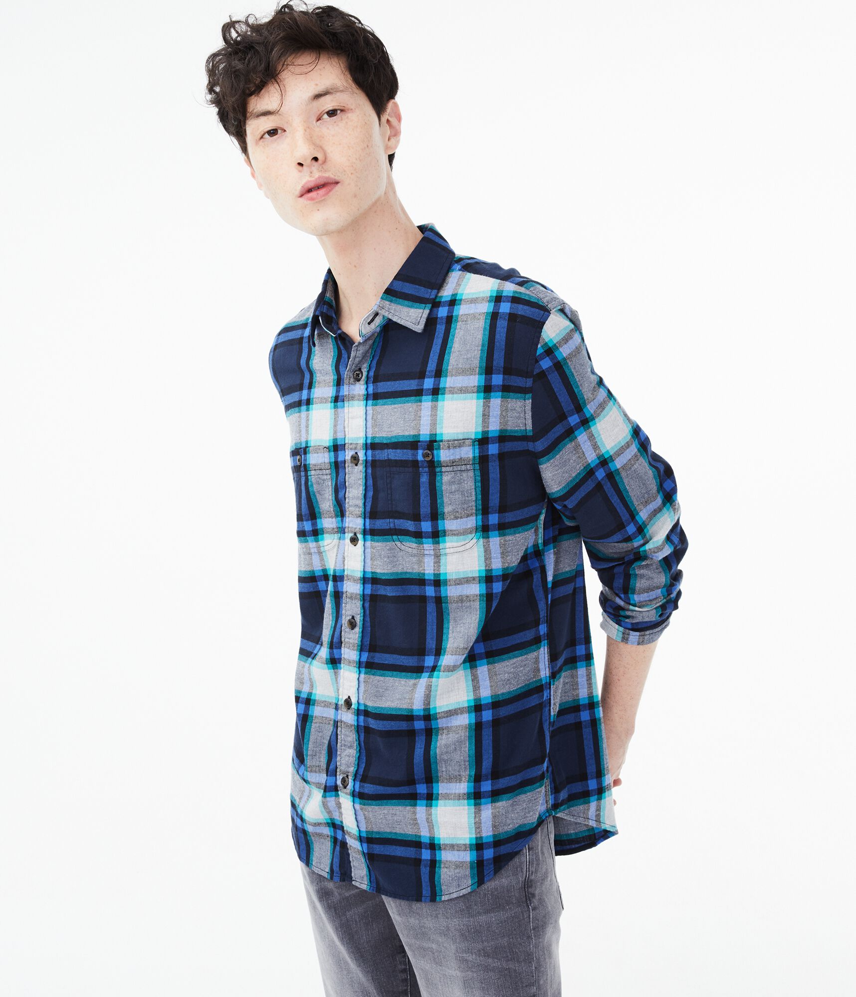 Long Sleeve Multi-Plaid Button-Down Shirt