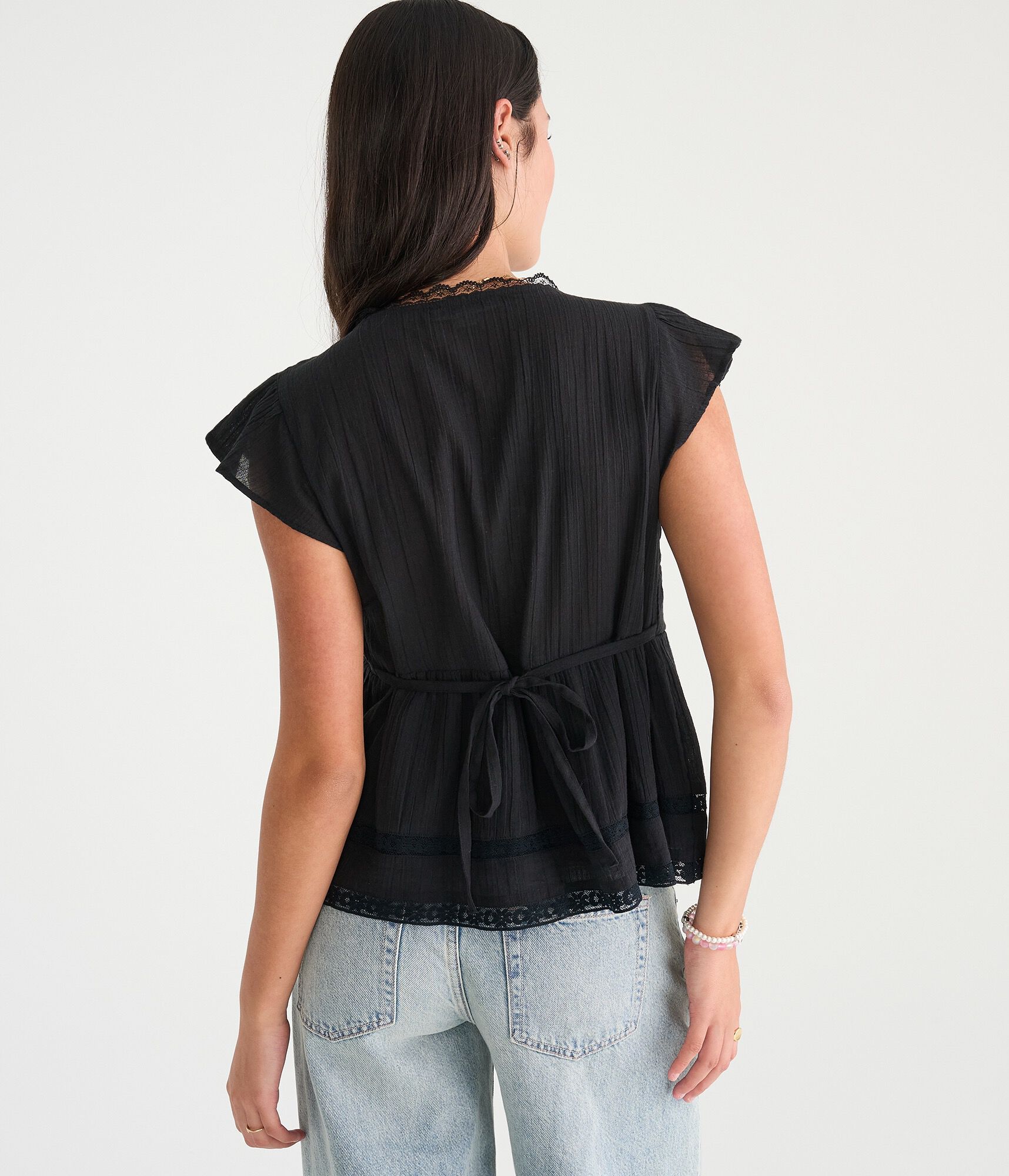 Lace &amp; Pintuck V-Neck Tie-Back Blouse