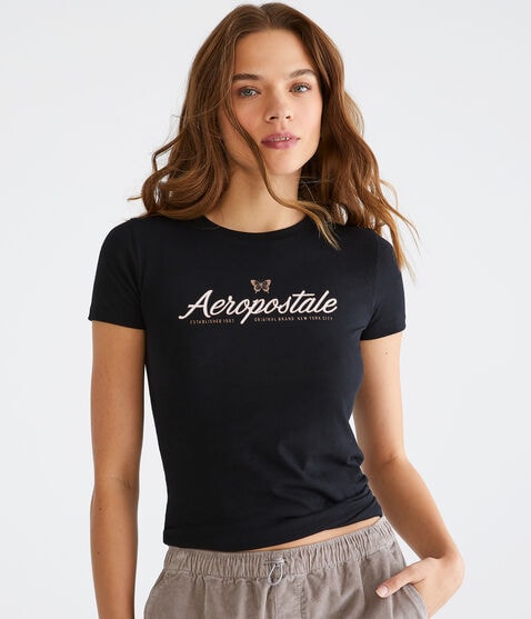 Aeropostale Script Butterfly Glitter Graphic Tee Aeropostale Script Butterfly Glitter Graphic Tee