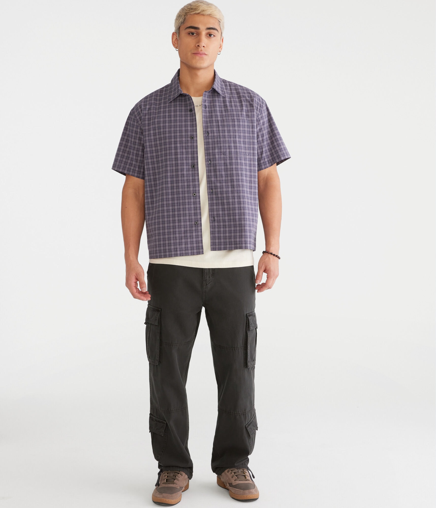 Short Sleeve Micro Plaid Boxy Shirt