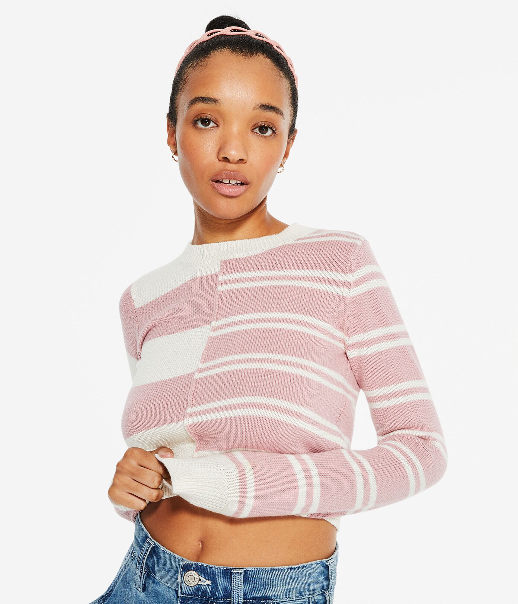 Spliced Stripe Cropped Crew Sweater
