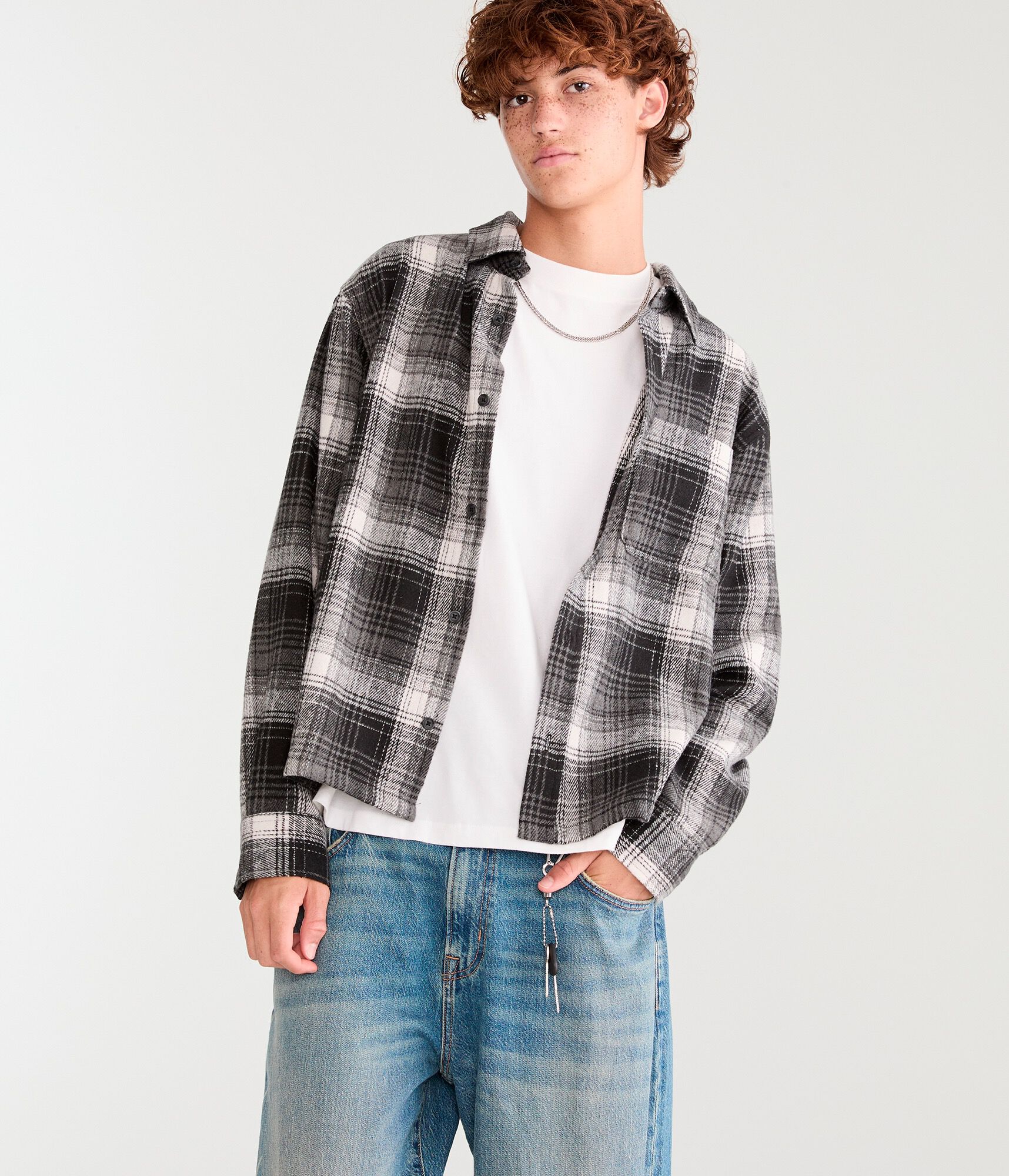 Long Sleeve Plaid Boxy Flannel Shirt