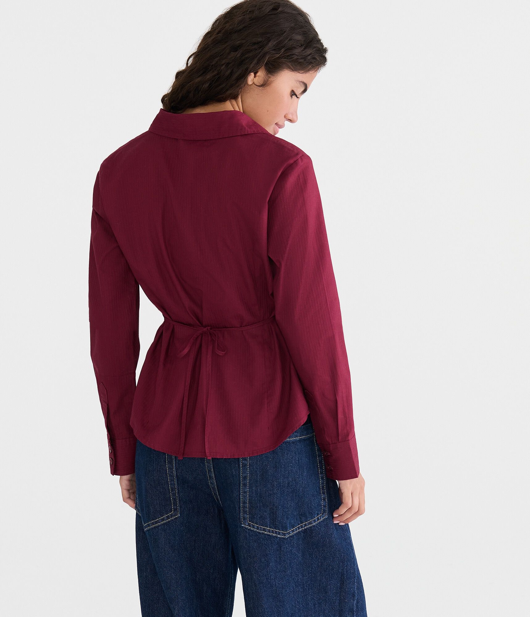 Long Sleeve Tonal Stripe Tie-Back Fitted Shirt