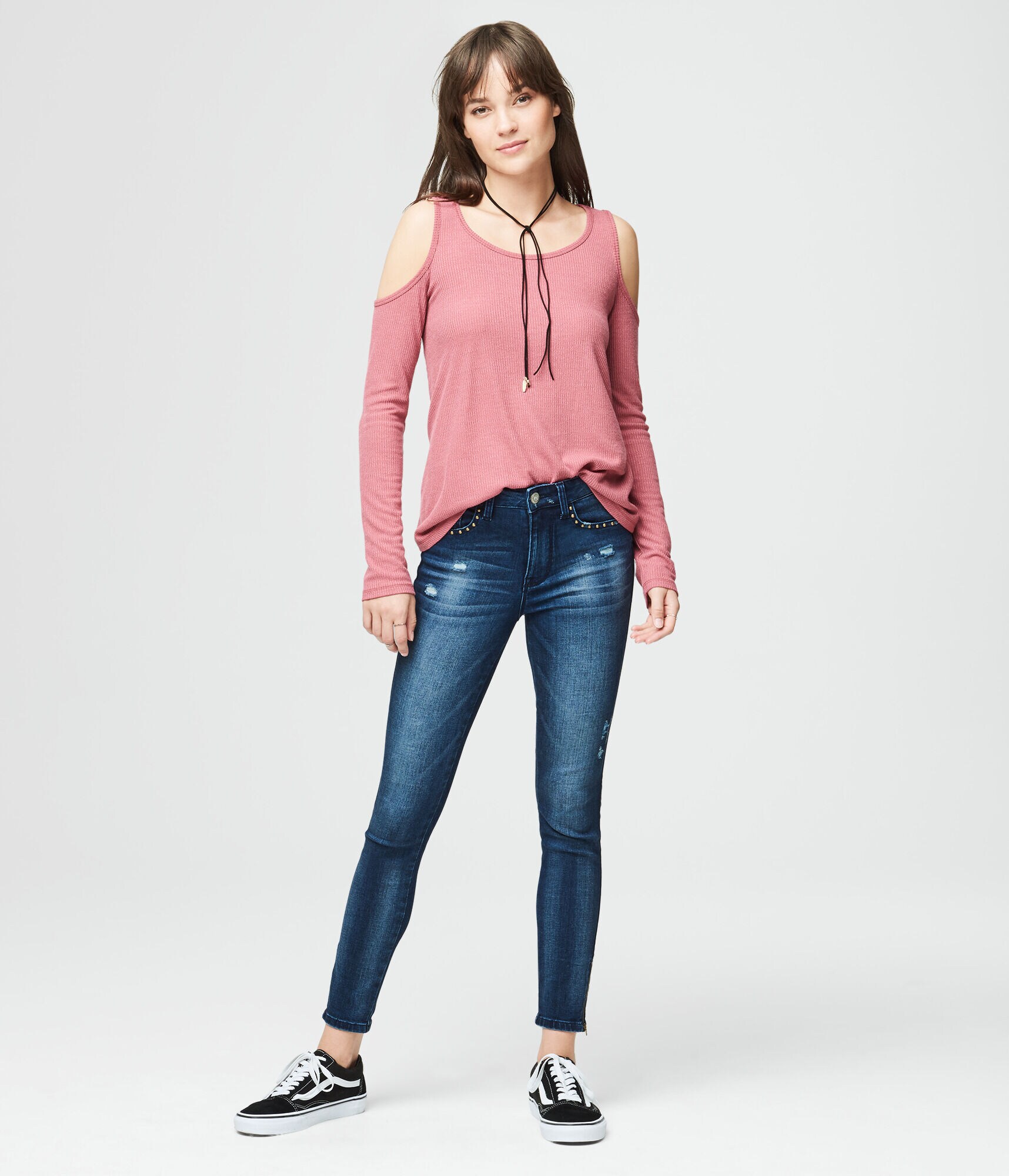 Long Sleeve Ribbed Cold-Shoulder Top