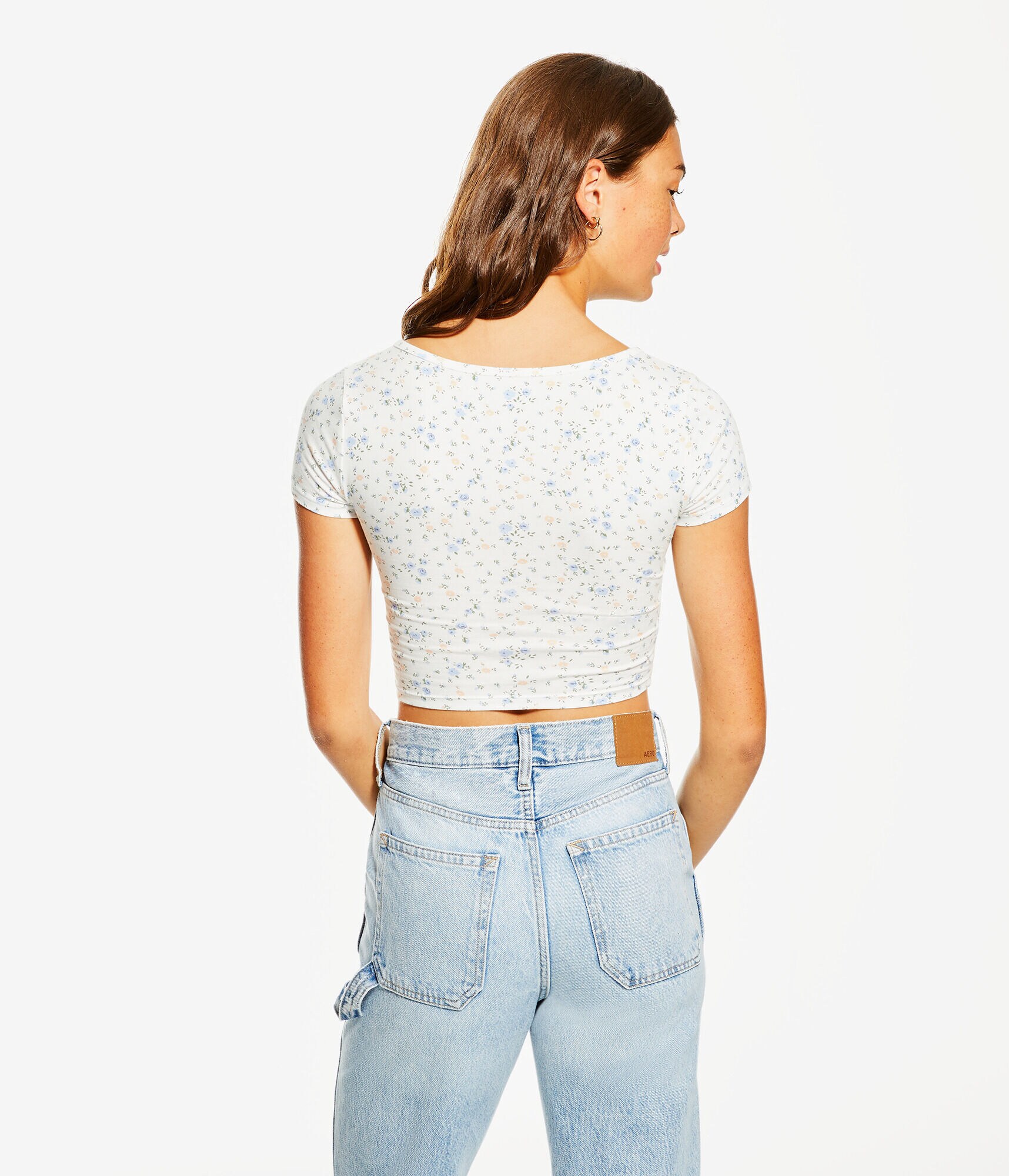 Floral Notch-Neck Shrunken Tee