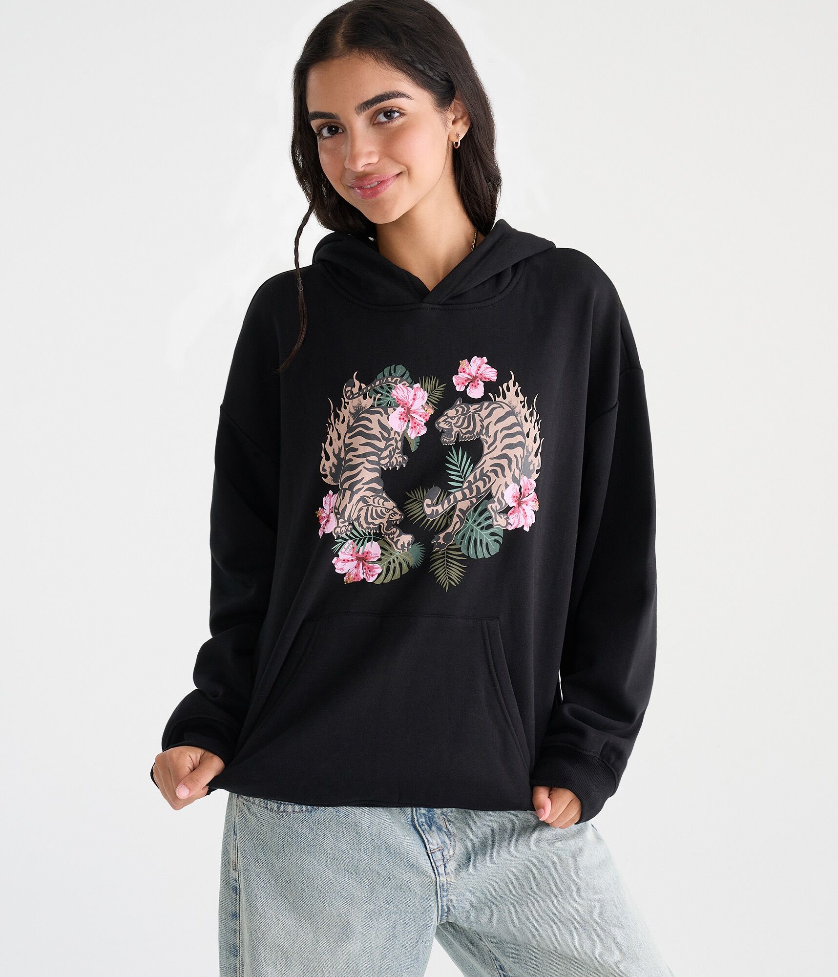 D&eacute;j&agrave; For Aero Floral Tigers Oversized Pullover Hoodie