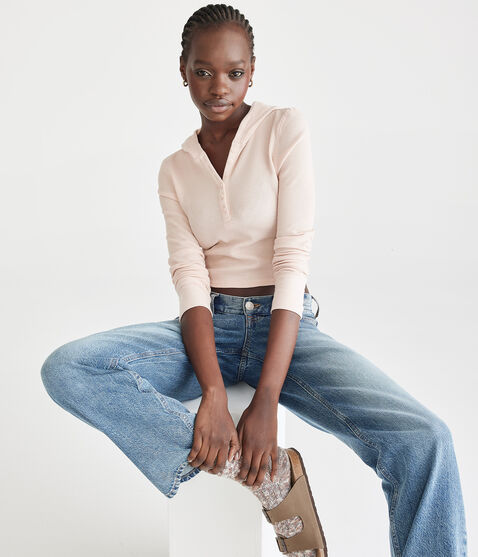 Long Sleeve Cropped Hooded Waffle Henley Long Sleeve Cropped Hooded Waffle Henley