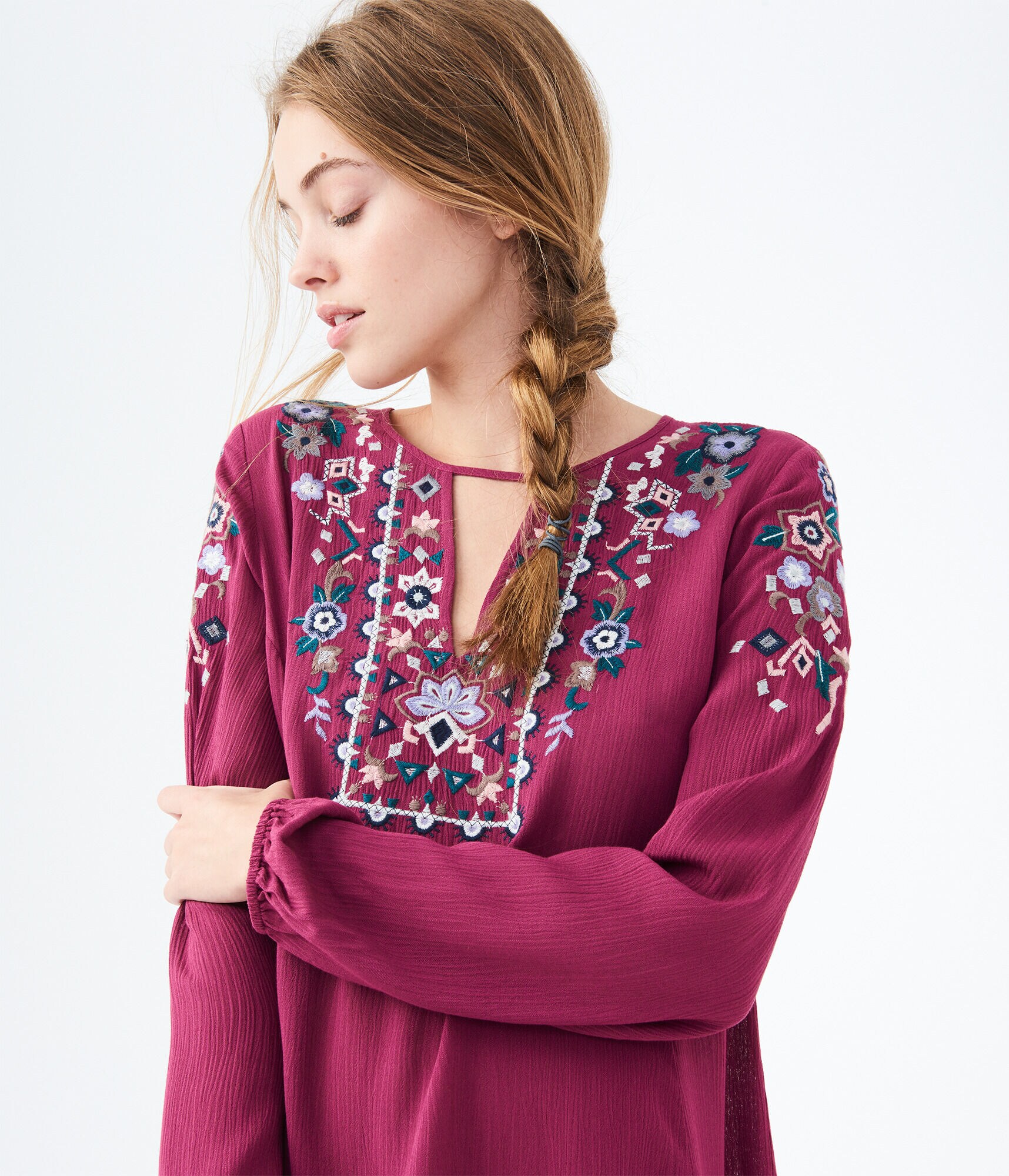 Embroidered Notch-Neck Peasant Dress