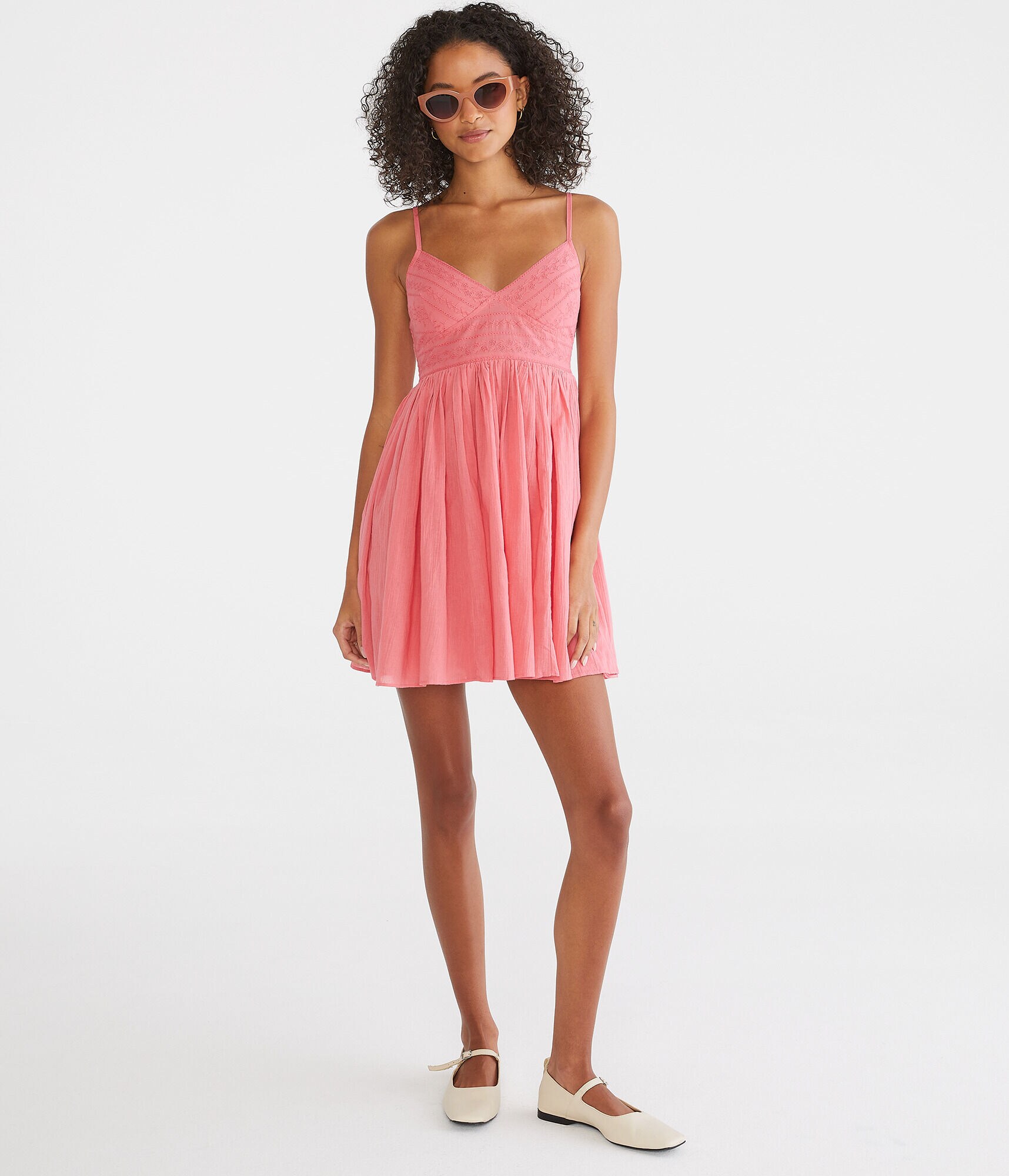 Solid V-Neck Eyelet Babydoll Dress