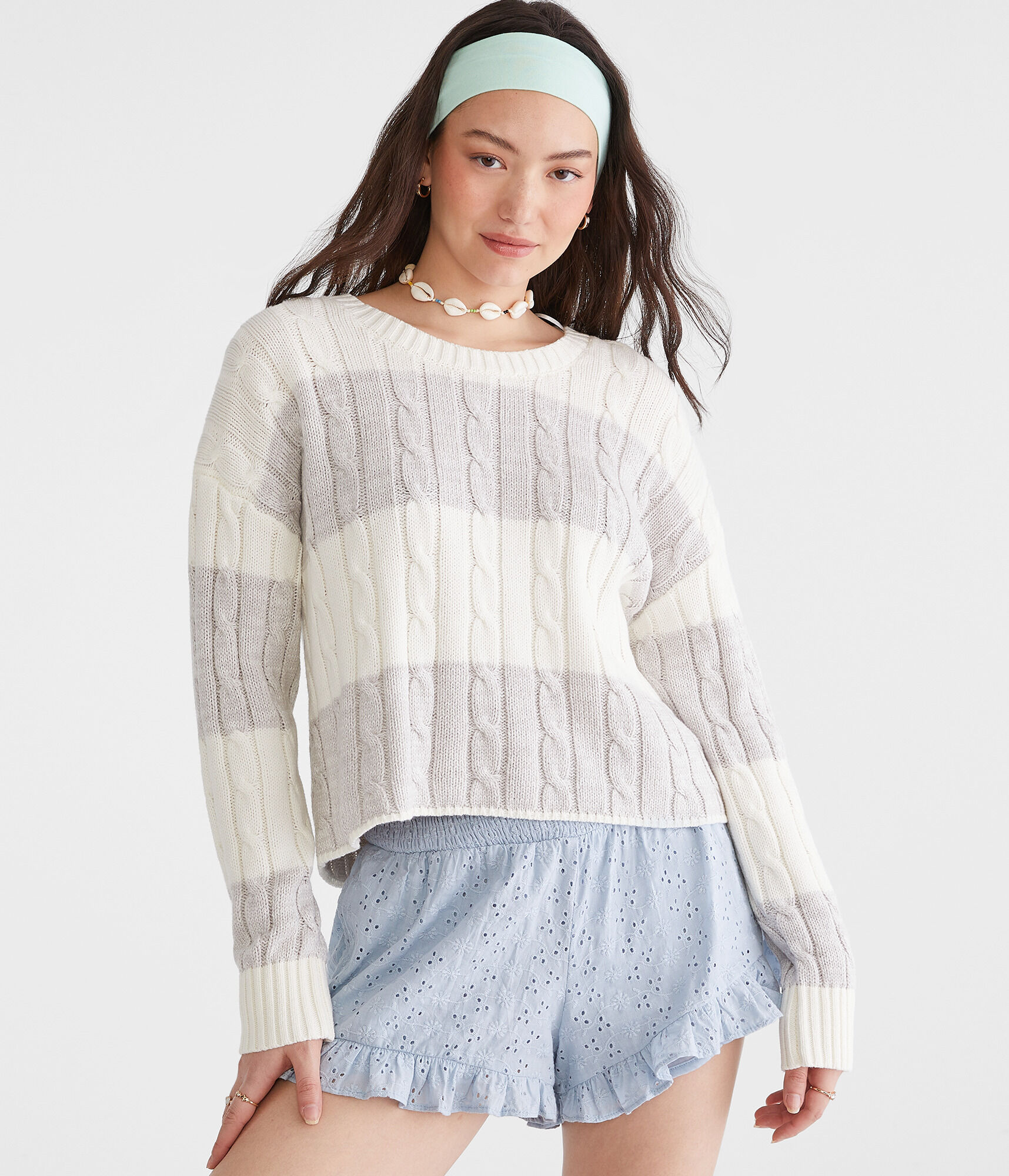 Striped Cable Cropped Crew Sweater