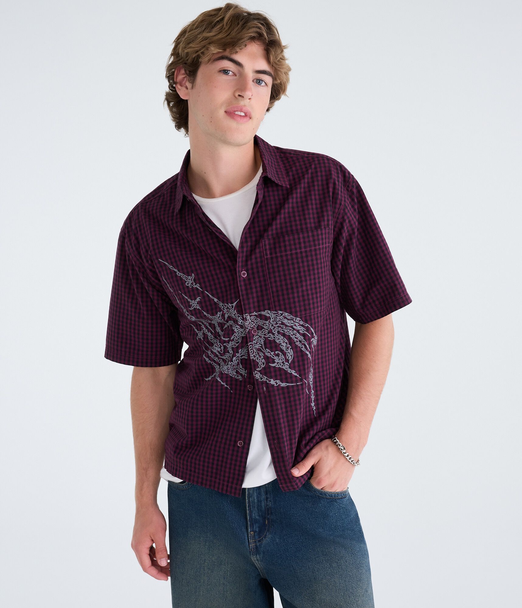 Graphic Microplaid Boxy Shirt