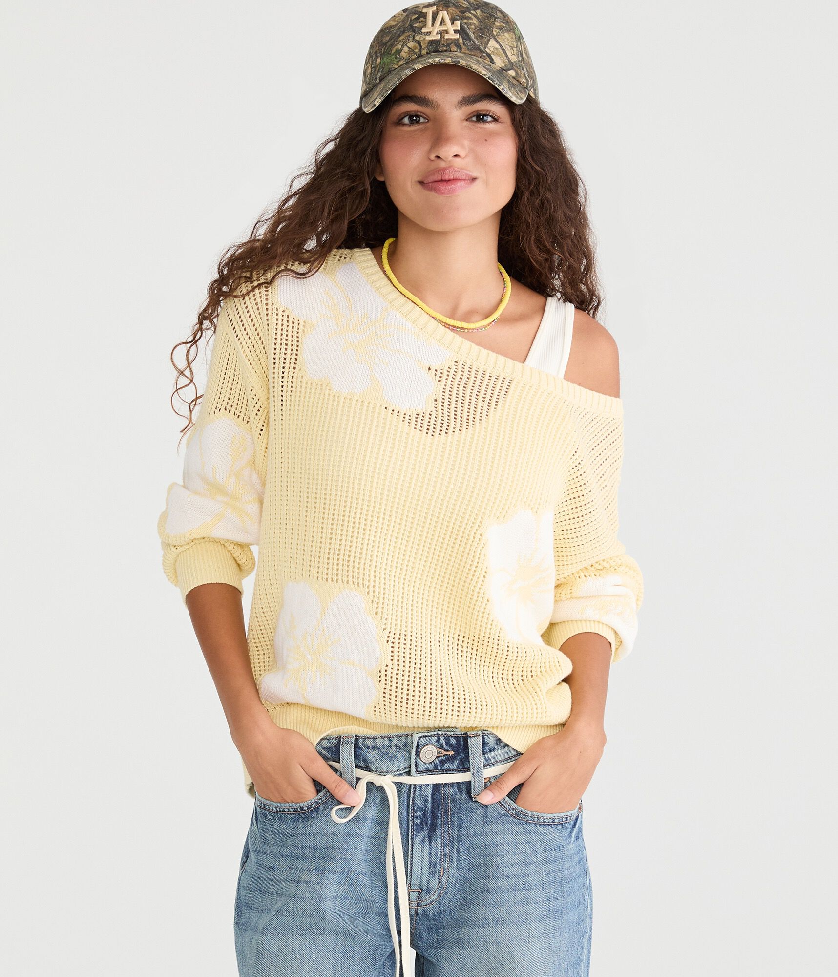 Hibiscus Slouchy Open-Knit Boat-Neck Sweater