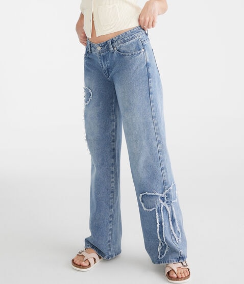 Low-Rise Baggy Wide Leg Frayed Bows Jean Low-Rise Baggy Wide Leg Frayed Bows Jean