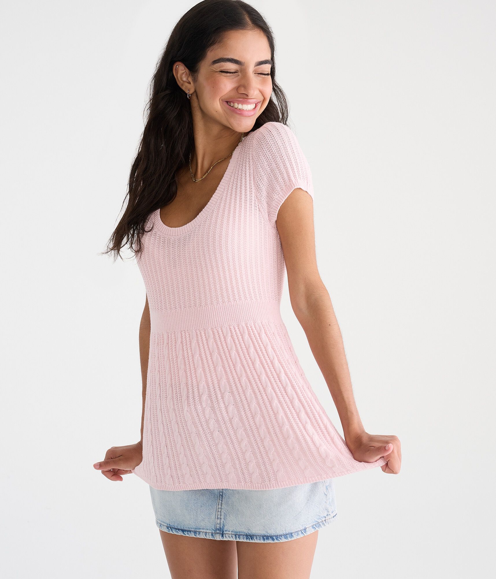 Short Sleeve Scoop-Neck Babydoll Sweater