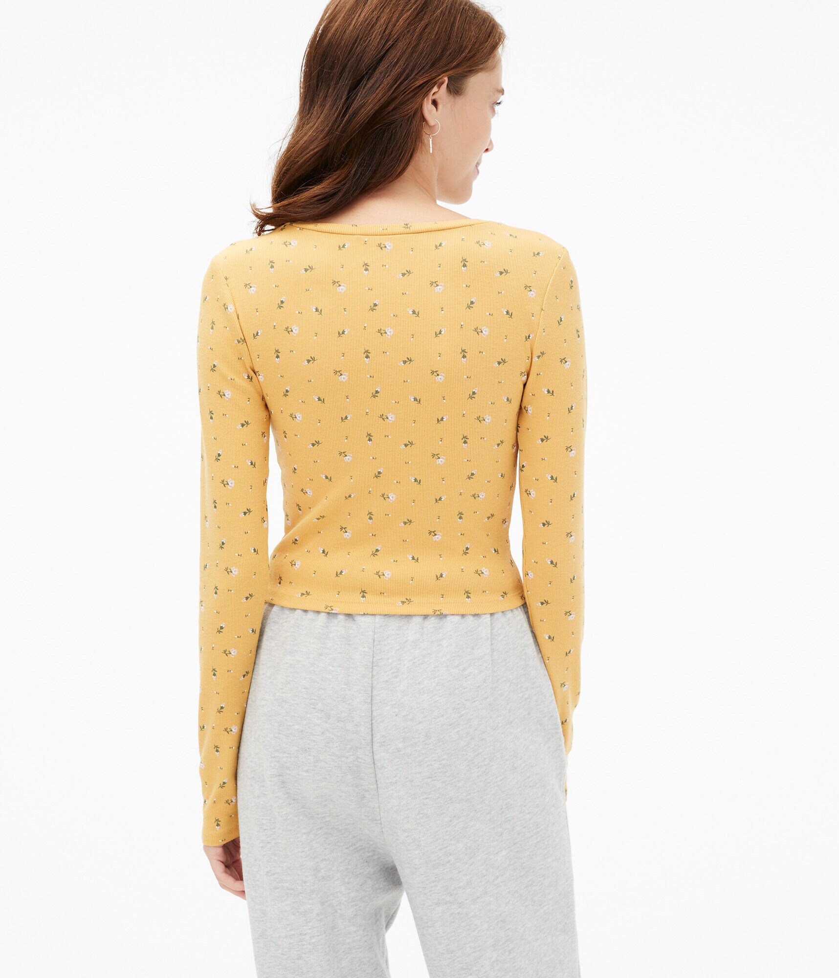 Long Sleeve Floral Cropped Henley Shrunken Tee