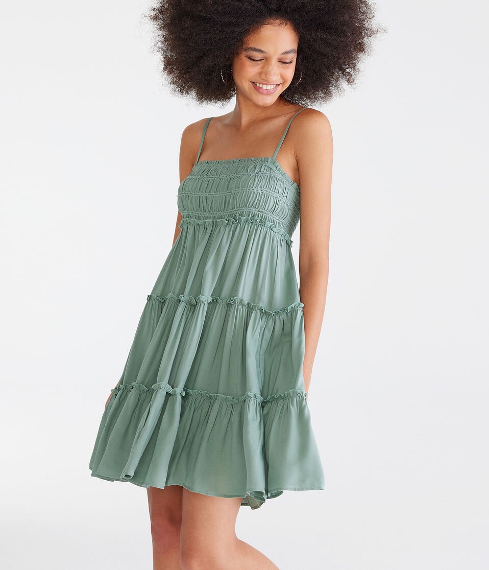 Solid Square-Neck Tiered Mini Dress
