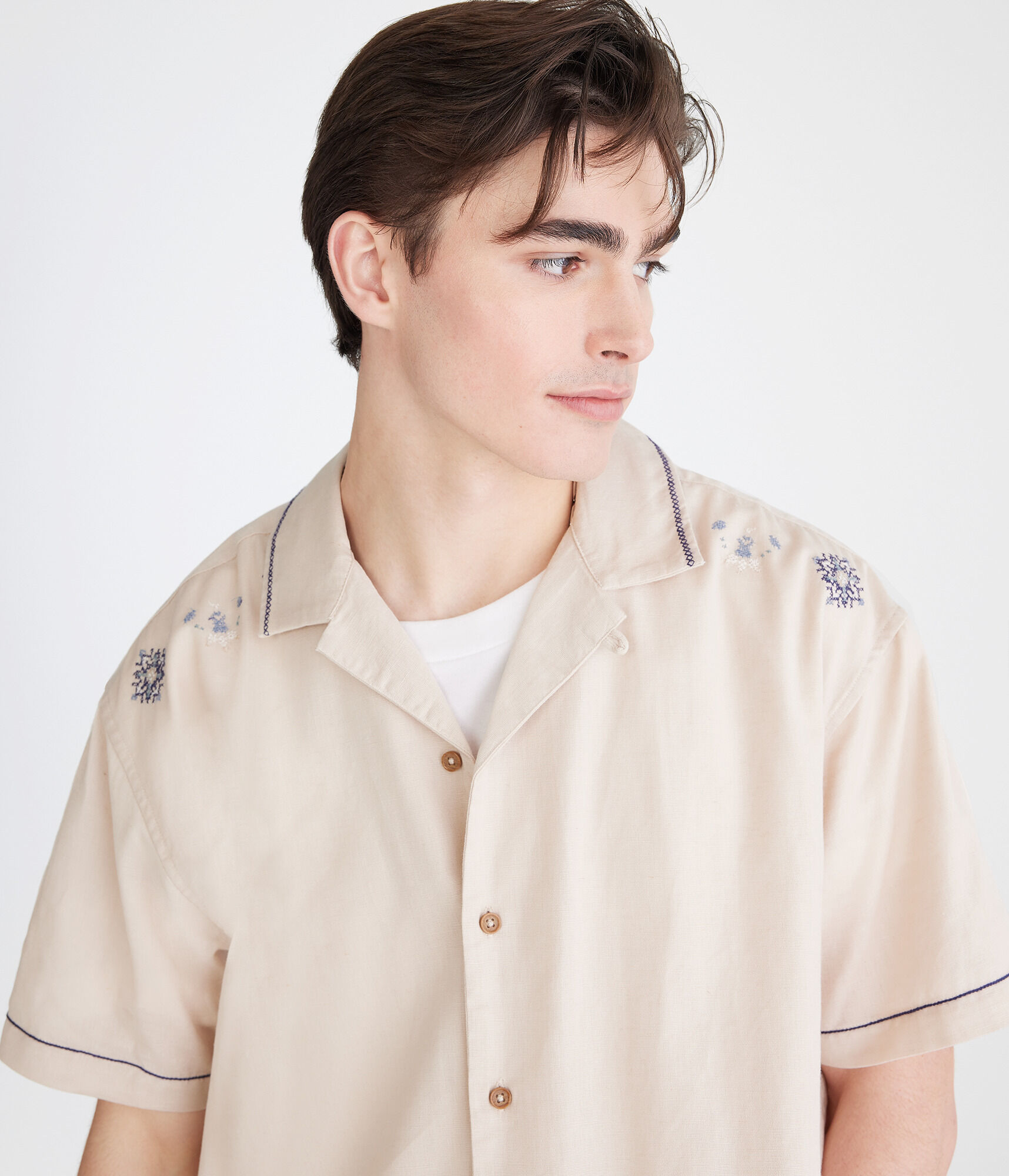 Floral Border Boxy Linen Camp Shirt