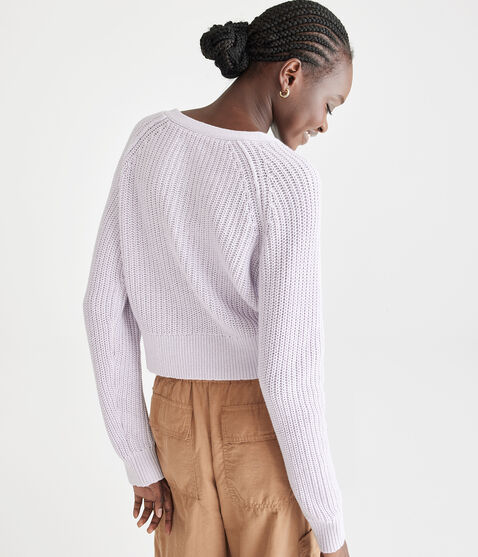 Ribbed Cropped V-Neck Henley Sweater