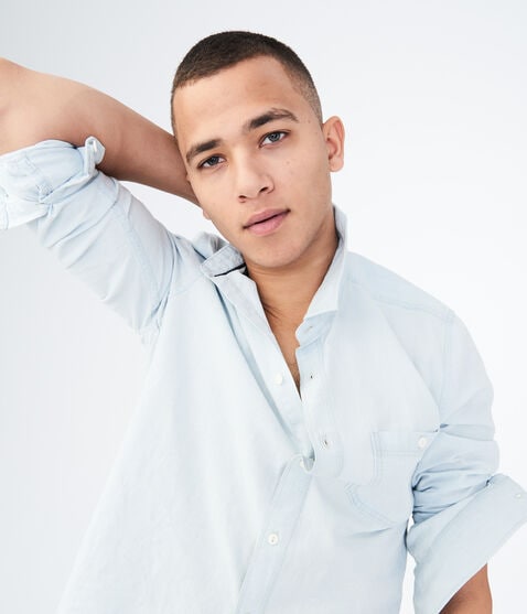 Long Sleeve Bleach Wash Chambray Woven Shirt