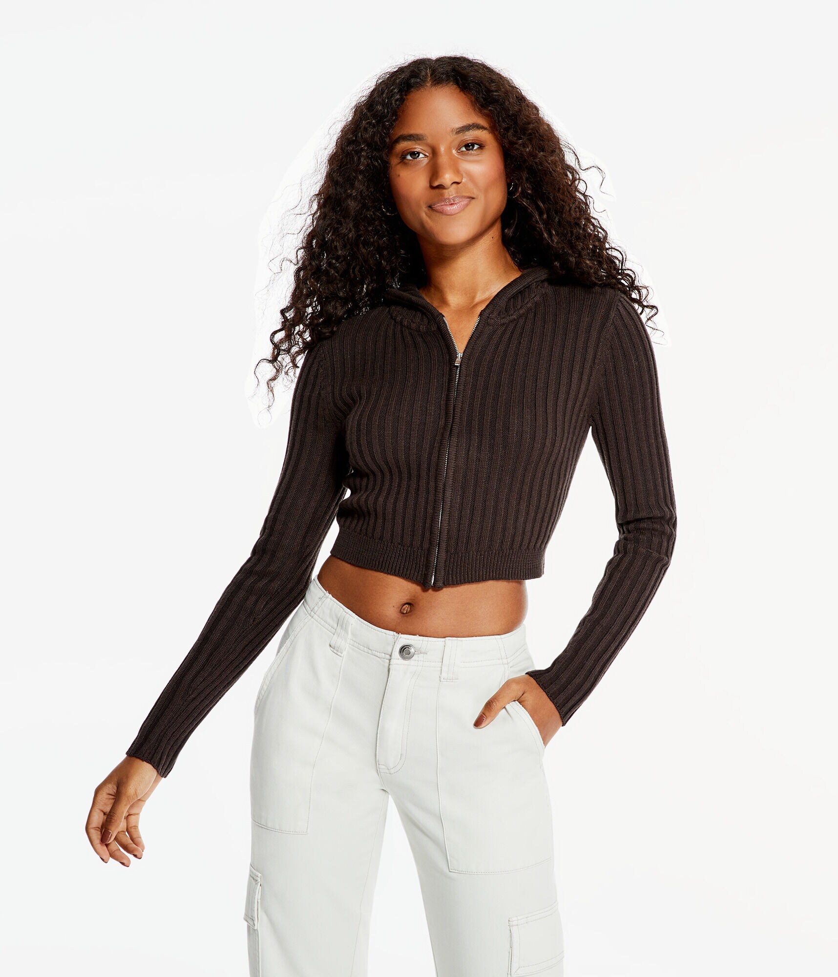 Ribbed Full-Zip Cropped Hooded Sweater