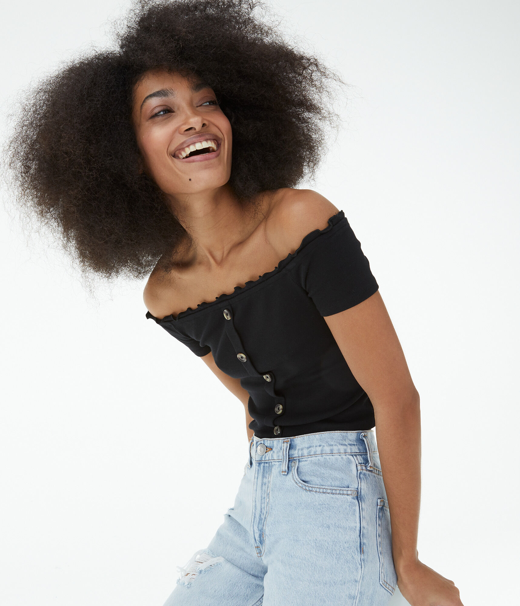 Ribbed Off-The-Shoulder Button-Front Top***