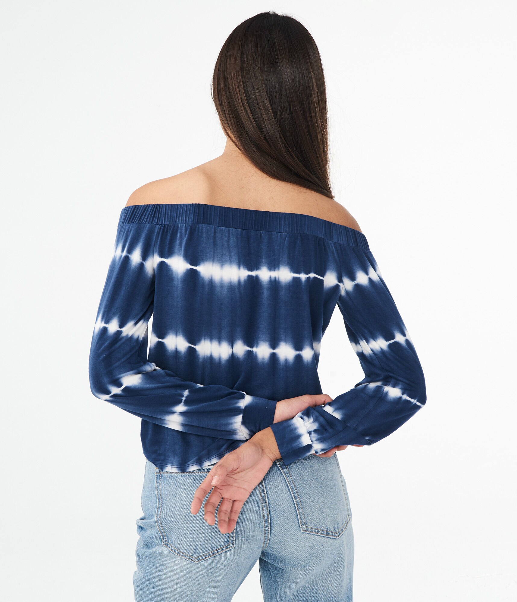 Long Sleeve Tie-Dye Tie-Front Off-The-Shoulder Top***
