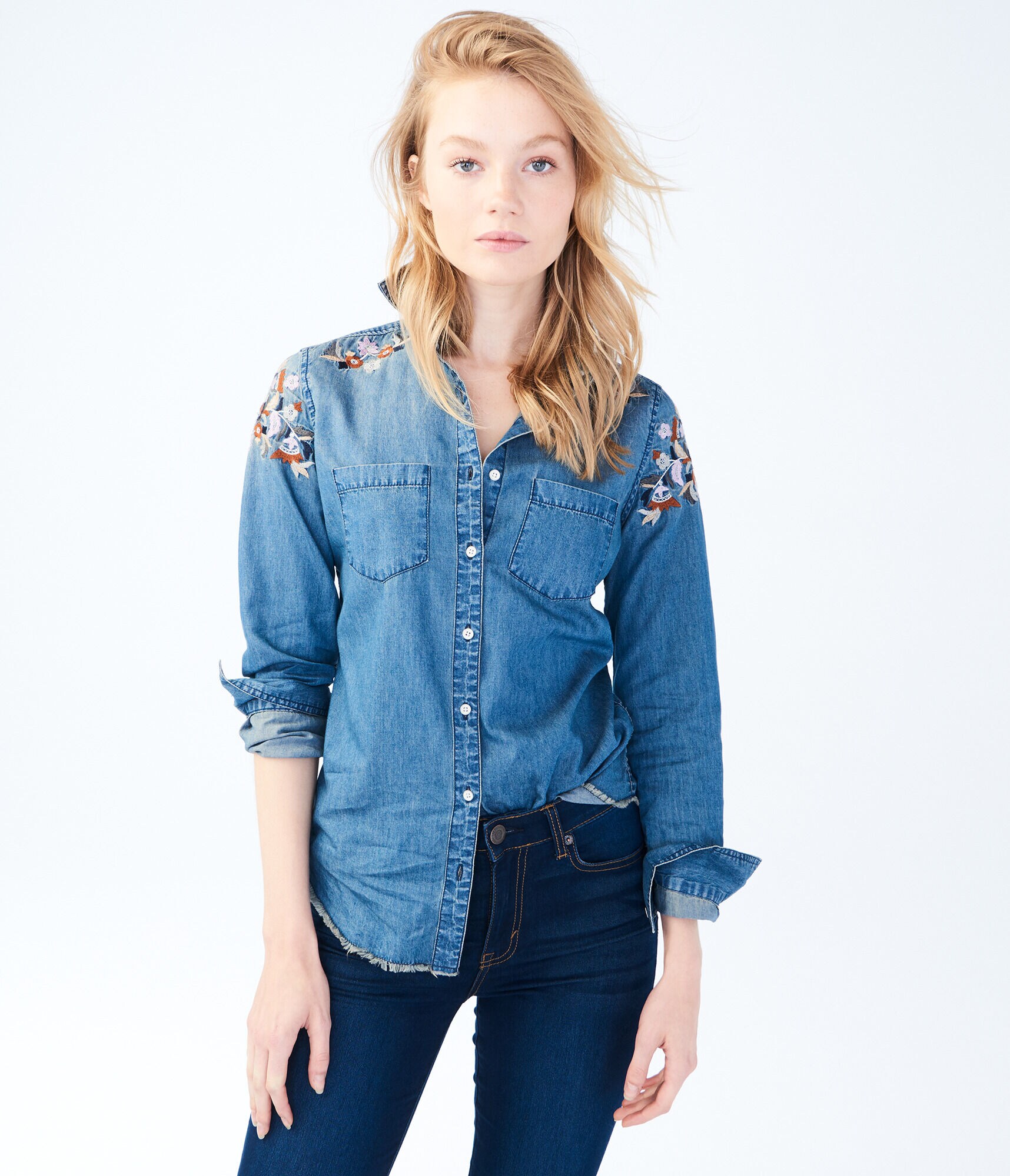 Long Sleeve Embroidered Chambray Woven Shirt