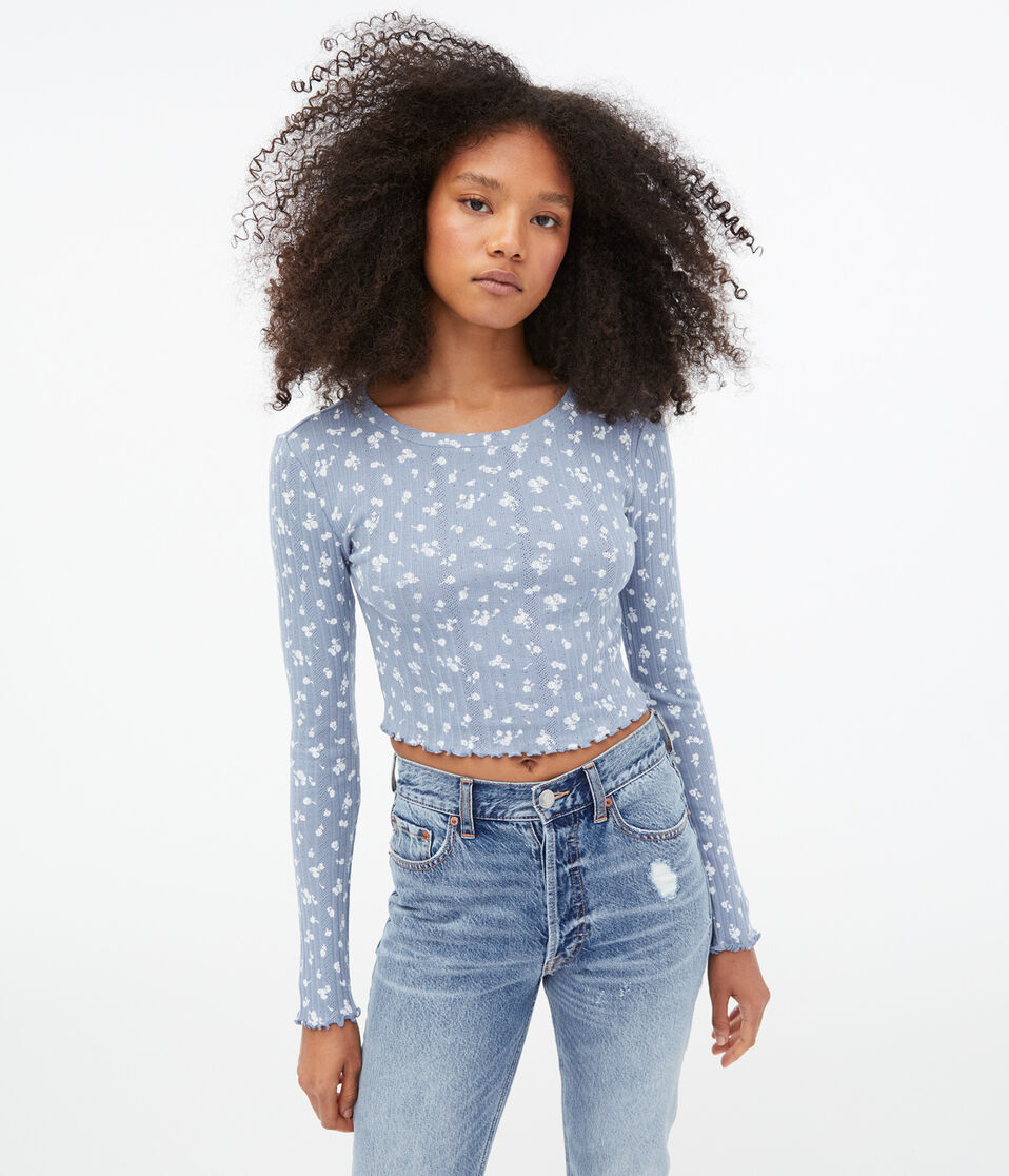 Long Sleeve Floral Pointelle Cropped Shrunken Tee