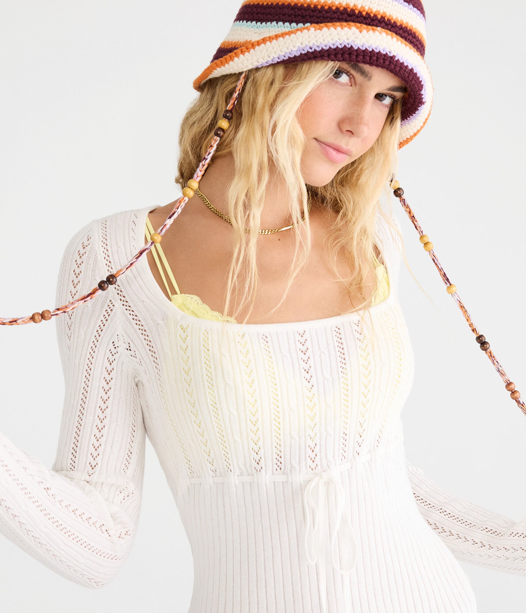 Pointelle Tie-Front Square-Neck Sweater