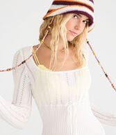 Pointelle Tie-Front Square-Neck Sweater