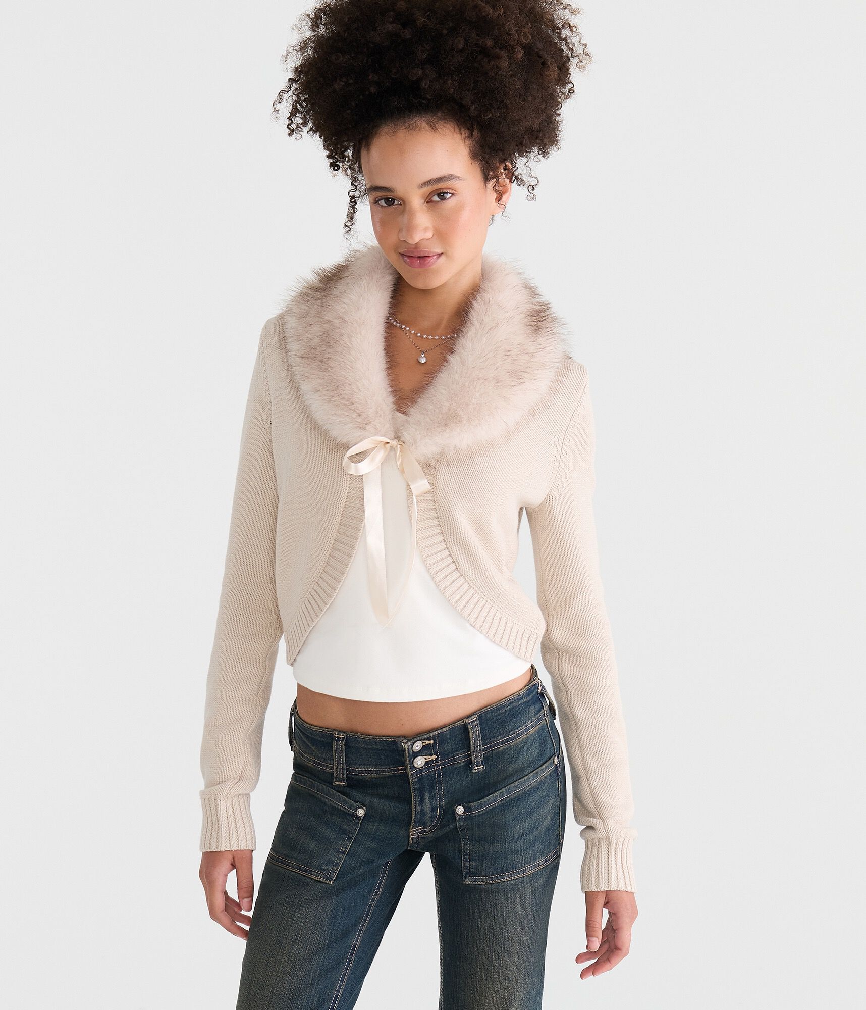 Long Sleeve Faux Fur-Trimmed Sweater Shrug