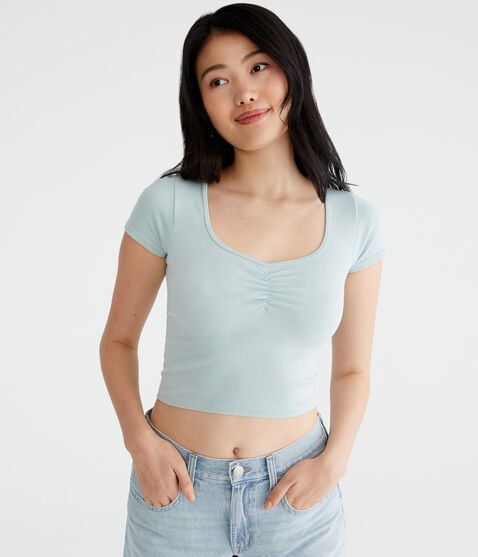 Buttery Soft Washed Cropped Cinch-Front Tee Buttery Soft Washed Cropped Cinch-Front Tee