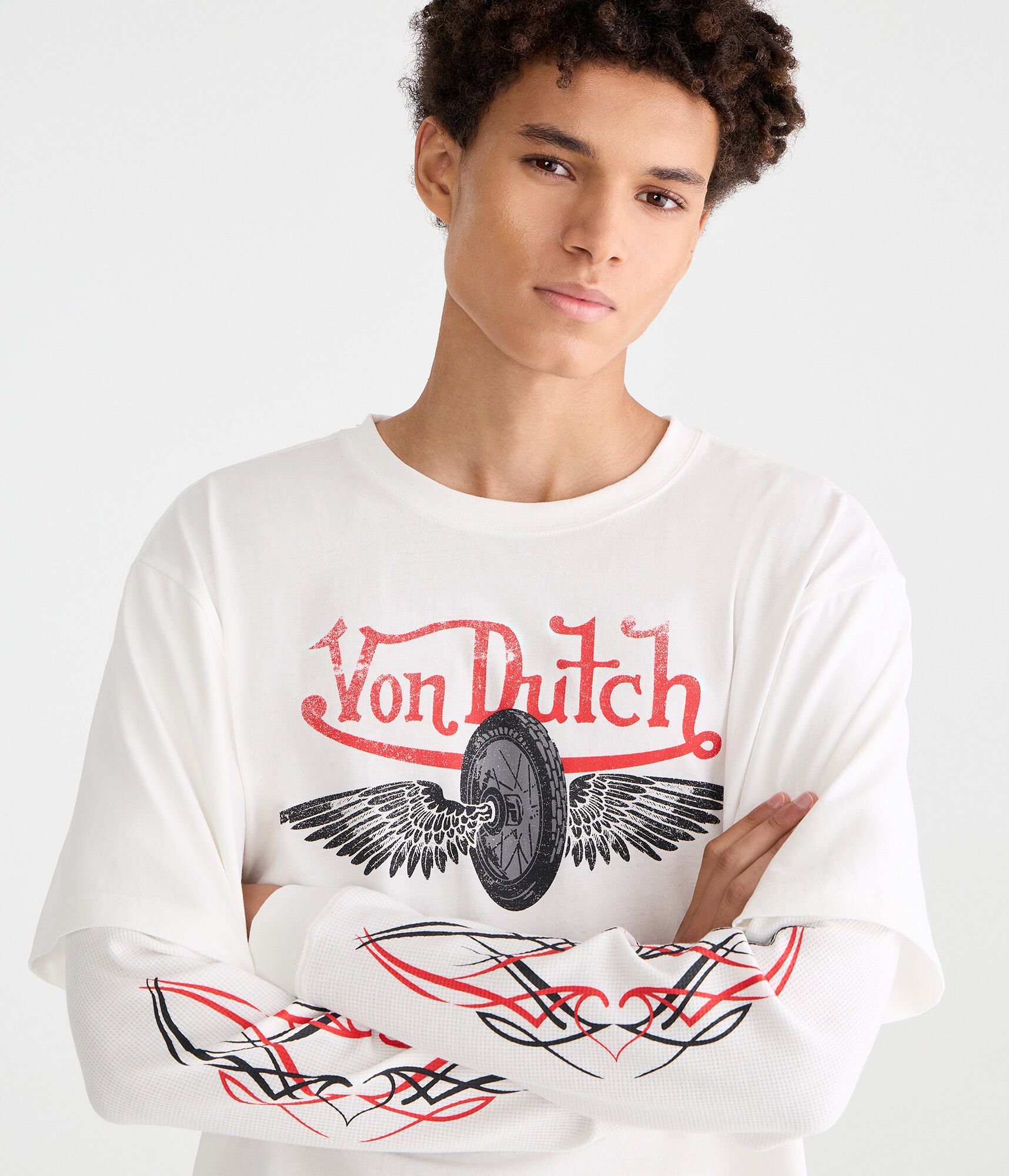 Von Dutch Long Sleeve Winged Wheel Boxy 2Fer Tee