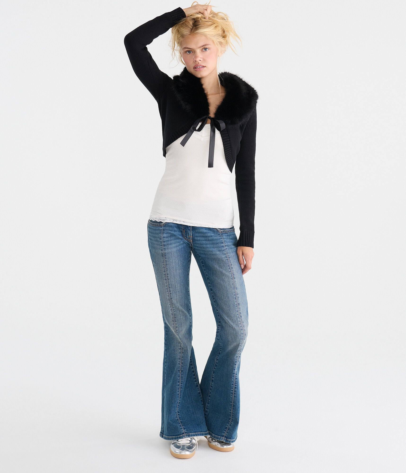 Long Sleeve Faux Fur-Trimmed Sweater Shrug