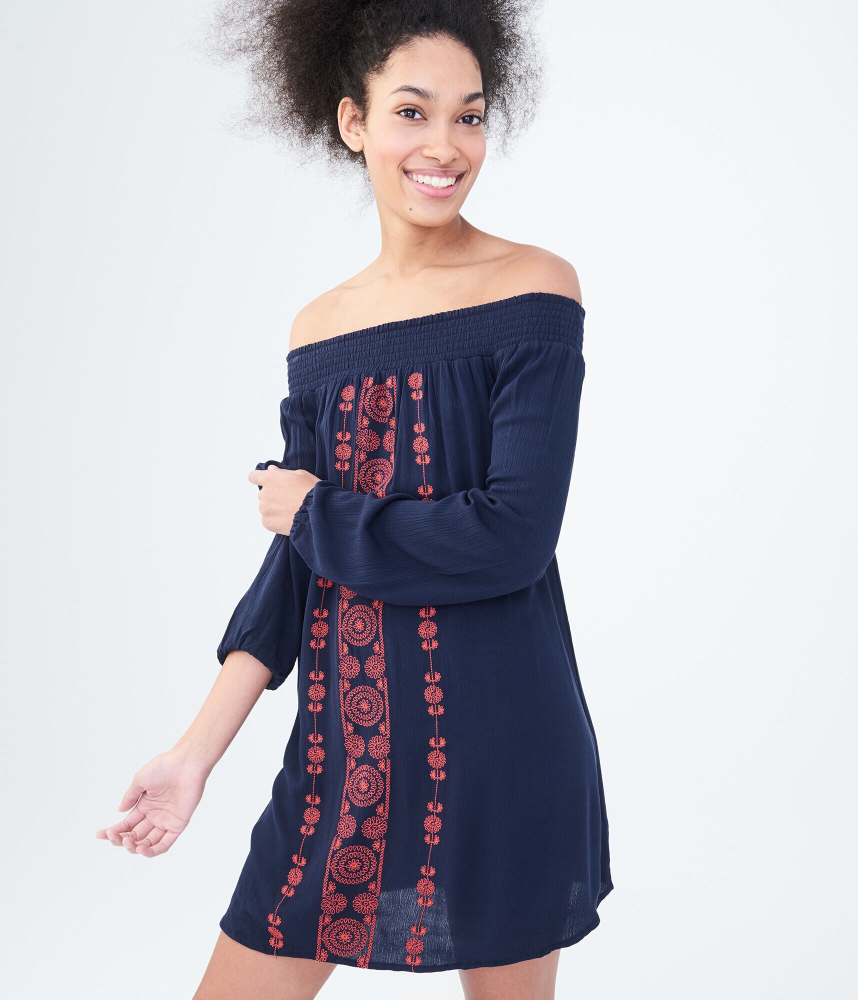 Long Sleeve Embroidered Off-The-Shoulder Shift Dress